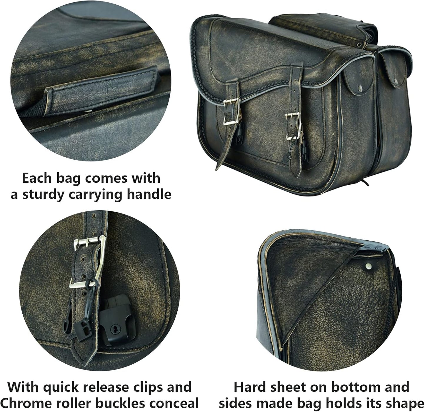 GARGOYLE BELLS Motorcycle Saddle Bags Genuine Leather Motorcycle Luggage Bag For Softails Sportsters and Choppers (No Stud, Distressed Brown, 13”x13“x10”)