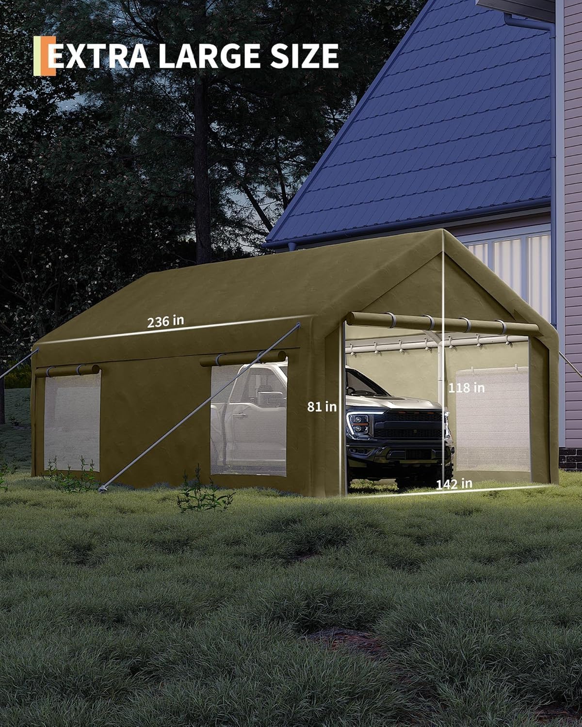 12 x 20ft Heavy-Duty Carport Canopy with Roll-Up Windows & DoorsThickened Wind Ropes, Ground Nails, Portable Car Tent Garage for Cars, Trucks, Boats, 180G Durable Tarp Cover,Yellow