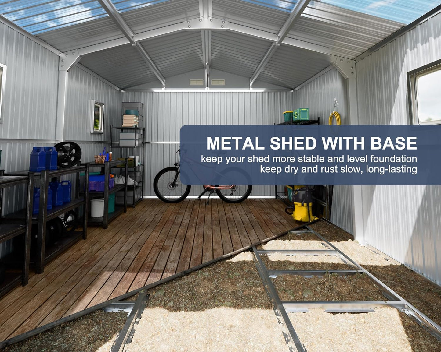10x12 FT Metal Outdoor Shed with Floor Frame Kit Extra Large Waterproof Tools Storage House with Transparent Top Panel Windows Air Vent for Garden Backyard to Store Bikes,Lawnmower,Dark Grey