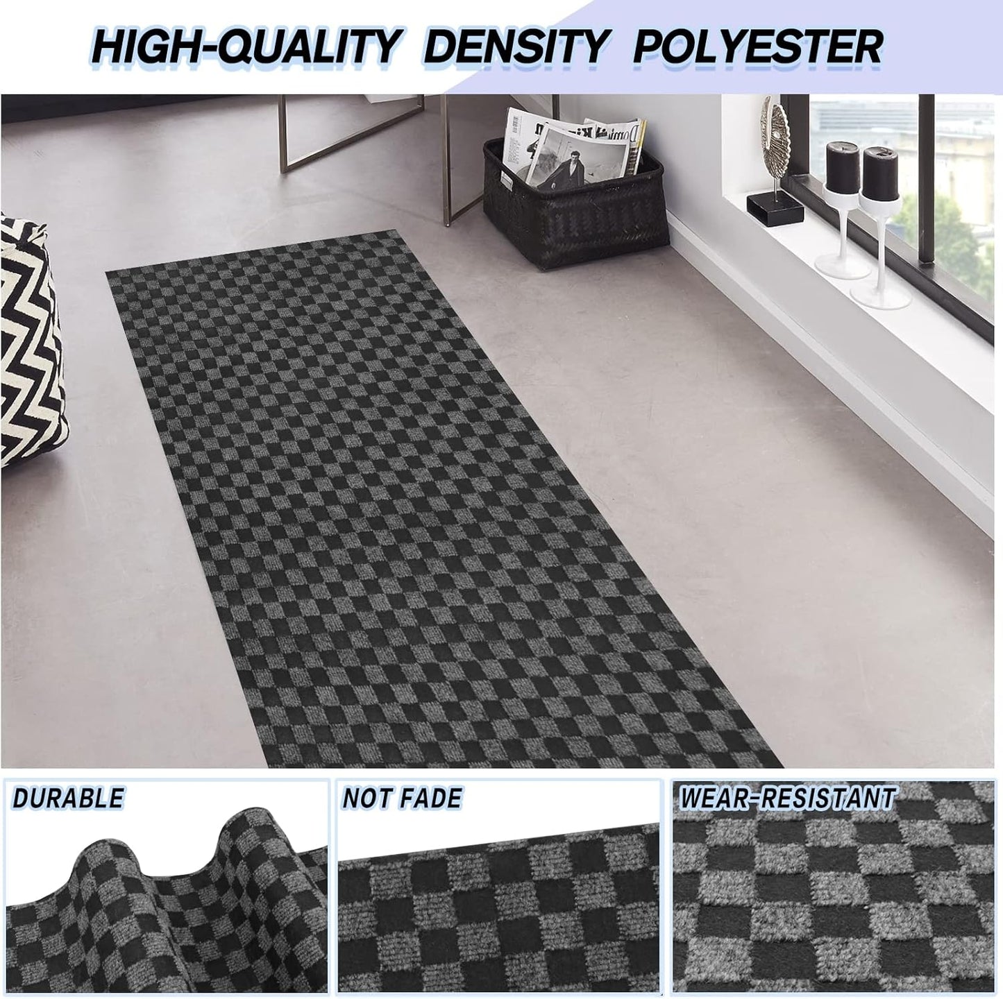 Custom Size Backed Non-Slip Area Rugs Runner, Easy Clean, Waterproof Runner Rugs for Hallway Entryway, Kitchen, Laundry, 4FT x 29FT, Gray Checkered