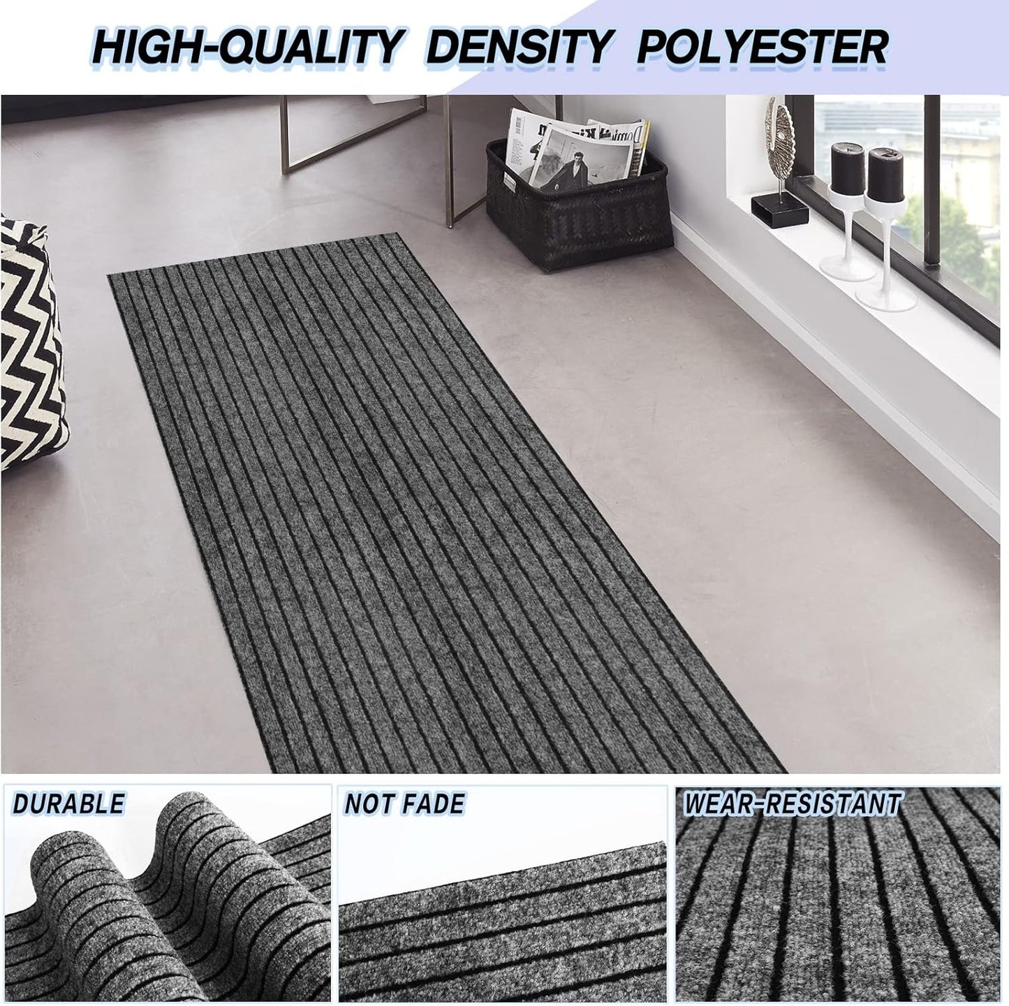 Custom Size Backed Non-Slip Area Rugs Runner, Easy Clean, Waterproof Runner Rugs for Hallway Entryway, Kitchen, Laundry, 3FT x 58FT, Gray Stripe