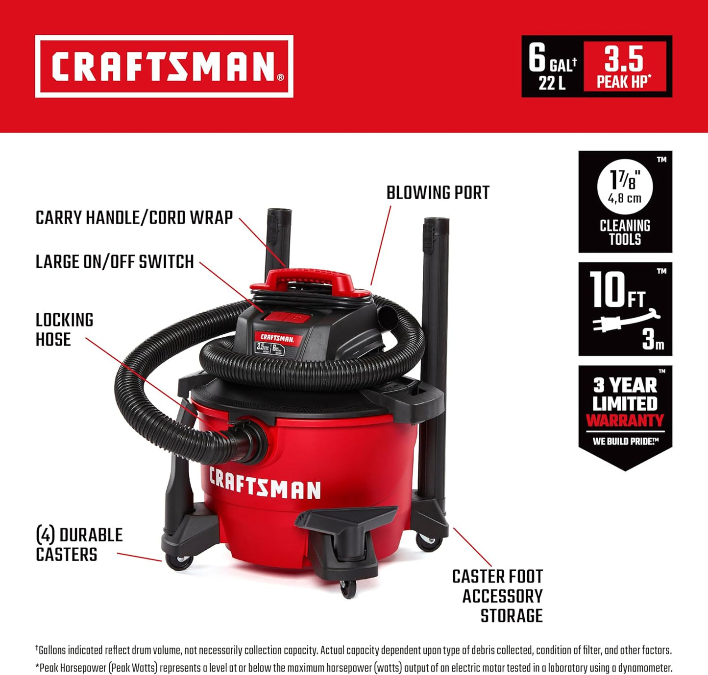 CRAFTSMAN CMXEVBE17584 6 Gallon 3.5 Peak HP Wet Dry Vac, Portable Shop Vacuum Wet and Dry with Filter, Dust Bag, Hose and Attachments for Home, Garage and Automotive Cleaning