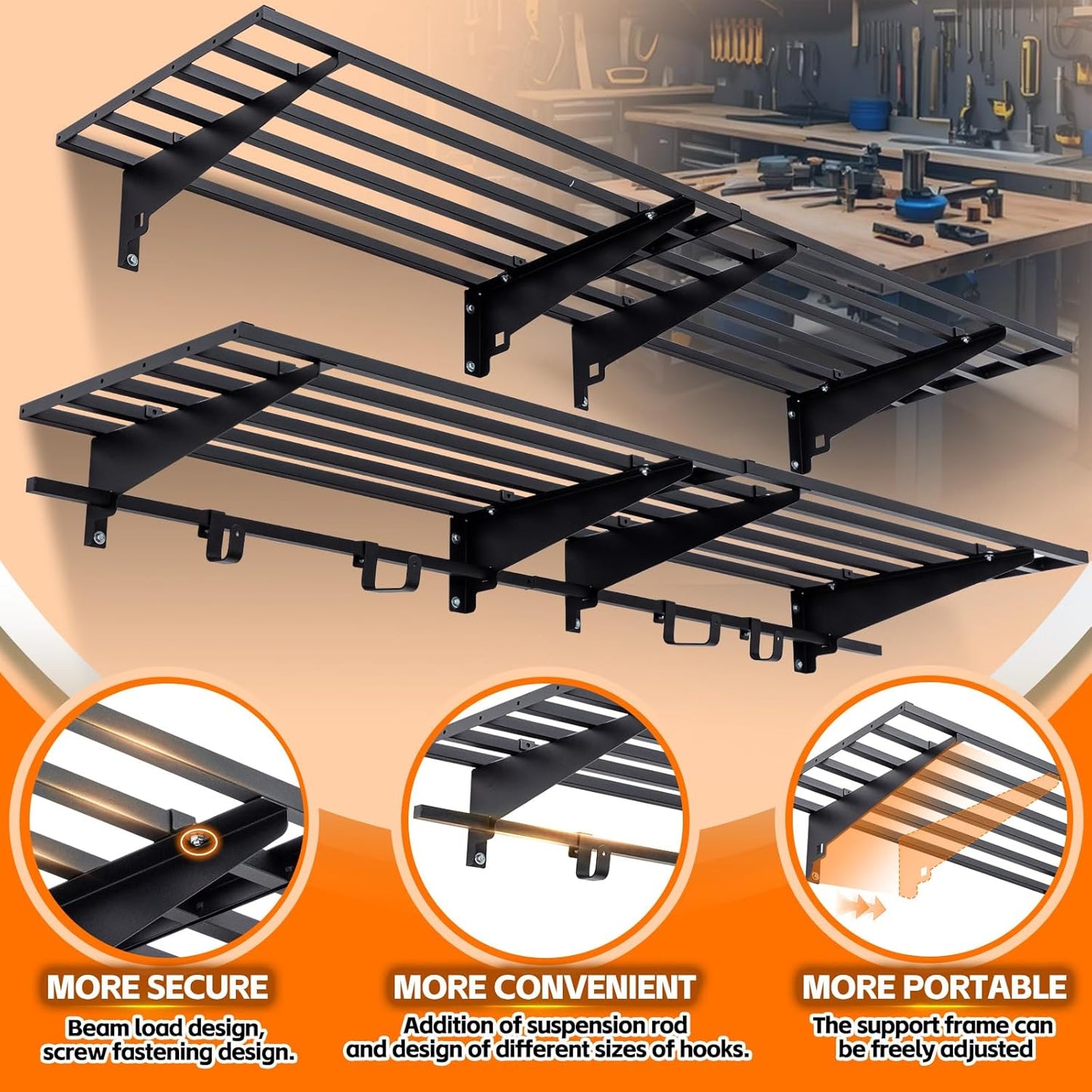 Garage Wall Shelving with Hooks,2-Pack 1.64 x 6ft Garage Wall Shelf,Loads 1050 lbs Heavy Duty Wall Shelves,20” x 72” Garage Shelves Wall Mounted,Black