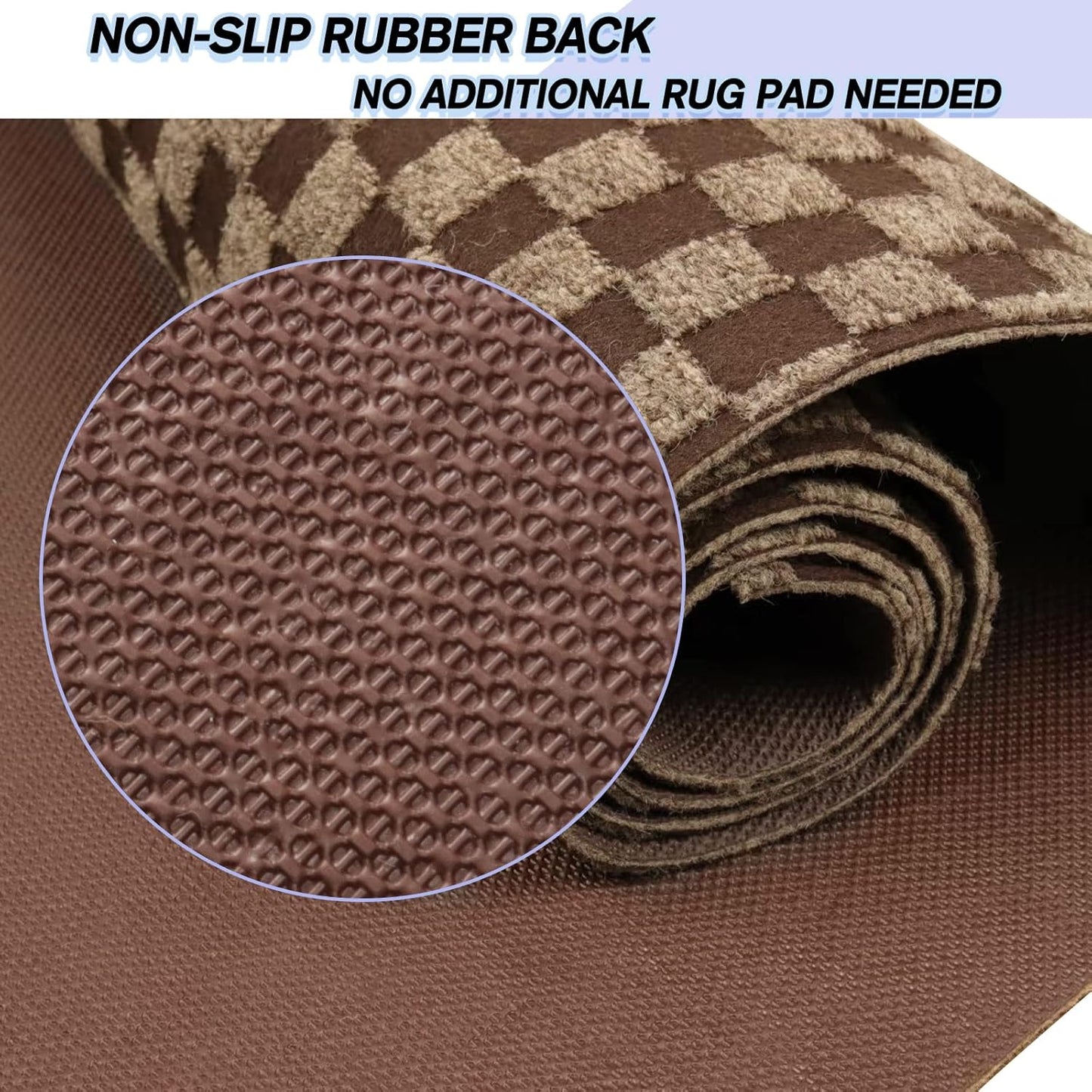 Custom Size Backed Non-Slip Area Rugs Runner, Easy Clean, Waterproof Runner Rugs for Hallway Entryway, Kitchen, Laundry, 3FT x 82FT, Brown Checkered