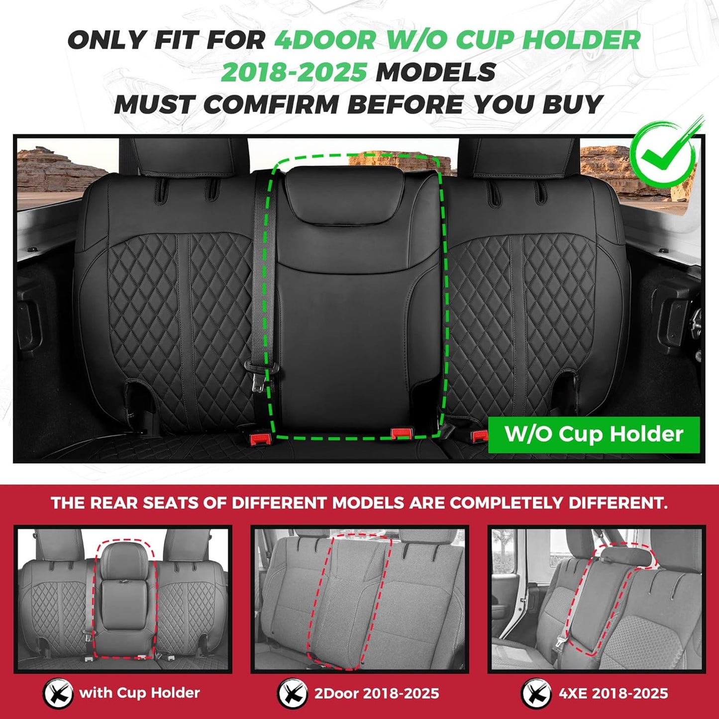 for Jeep Wrangler Seat Covers 4Door JL 2018 2019 2020 2021 2022 2023 2024 2025, Custom Fit Car Seat Cover Full Set, Luxury Waterproof Leather Seat Protectors, Black, W/O Rear Cup Holder