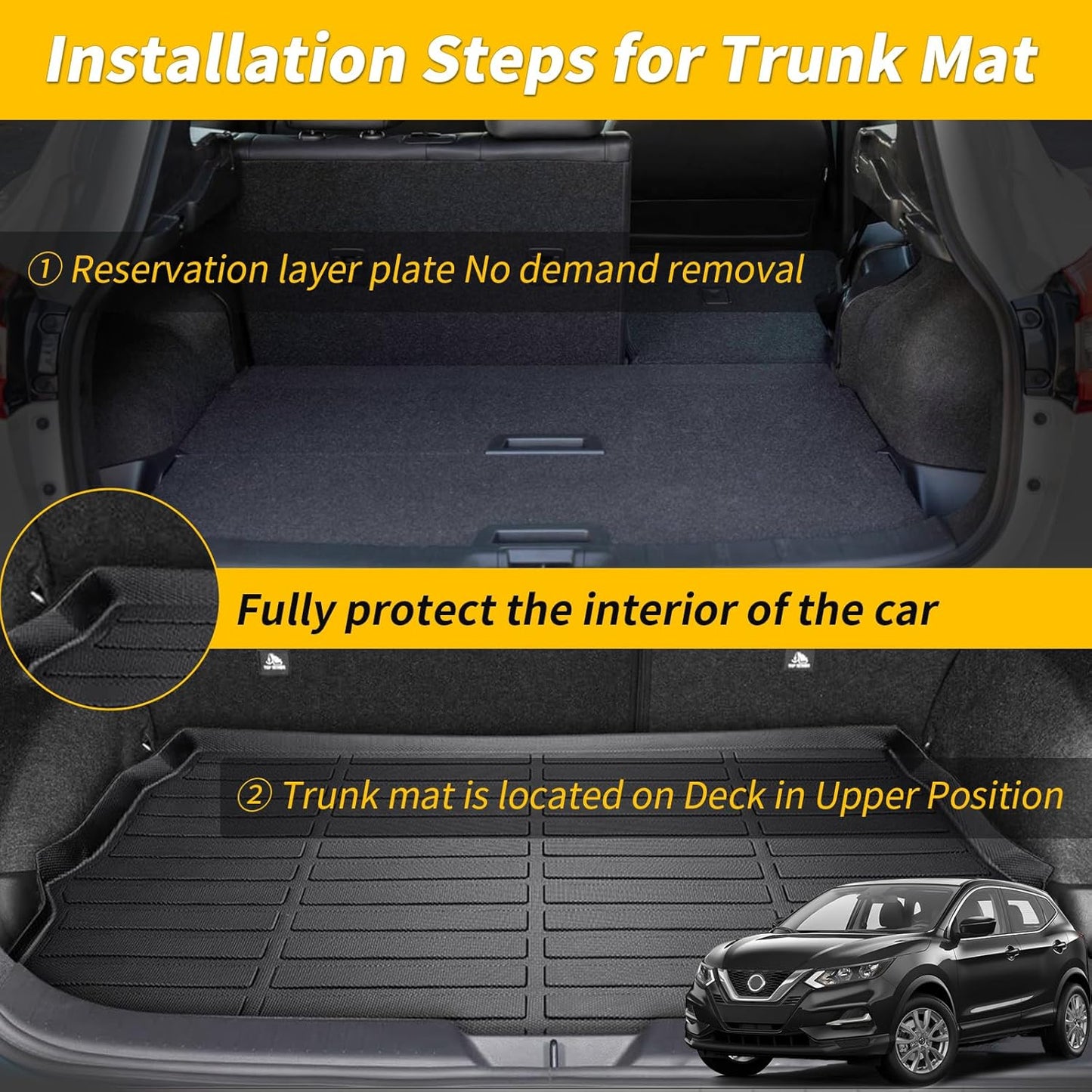 GINOWY-Floor Mats & Cargo Liner for Nissan Rogue Sport 2017-2022 (Cargo Tray in Upper Position) TPE All Weather Car Mats Non-Slip Trunk Mat Waterproof Rogue Accessories Mats Black