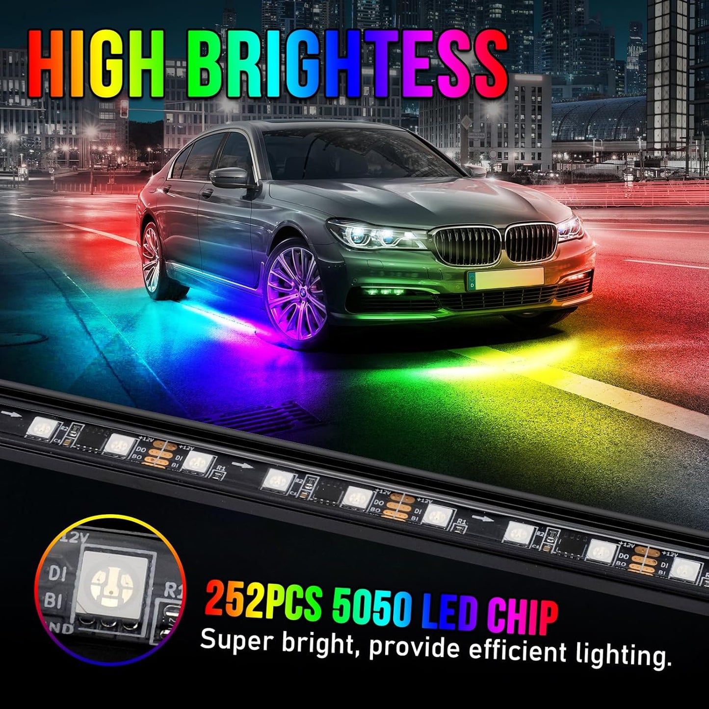 OPP ULITE Car Led Underglow Lights Aluminum Dream Chasing Color Accent Light Bar, RF Remote & APP Control Underglow Light Strip with Red Brake/Yellow Turn Signal/White Reverse Light Kit, 8PC Pack