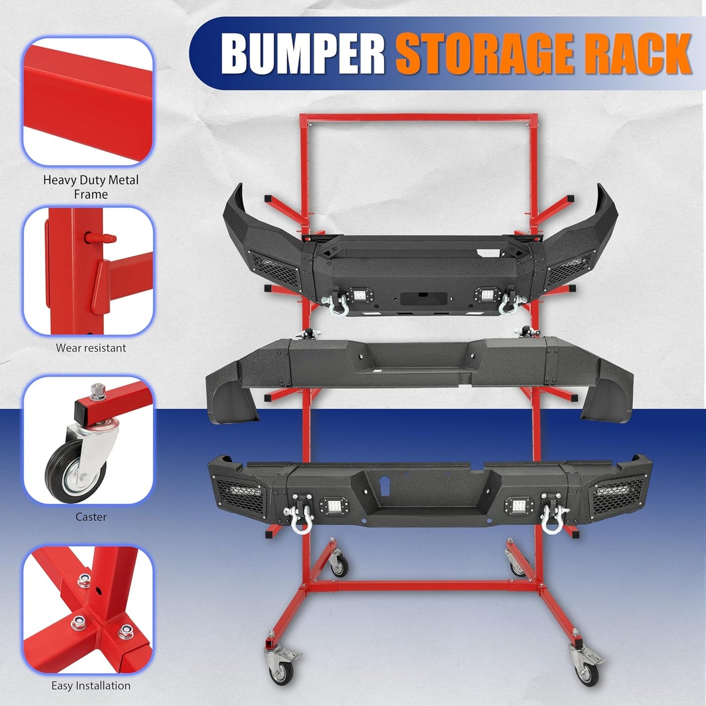 HECASA Bumper Adjustable Storage Rack Steel Floor Mobile Bumper Storage Rack - Double Sided for Automobile Parts Storage Red Powder Coated