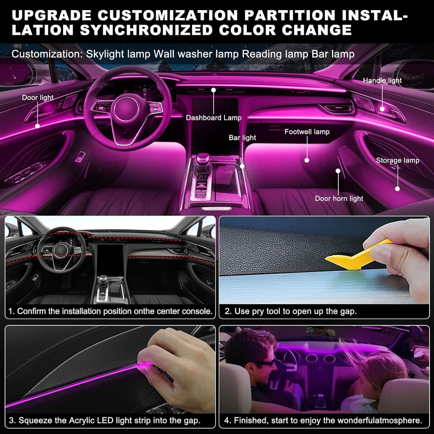Acrylic Interior Car LED Strip Light with Wireless APP, 14 in 1 with 175 inches 593 LEDs Neon LED Strip Light, RGB Colors Dynamic Music Sync Car Ambient Lighting Kits
