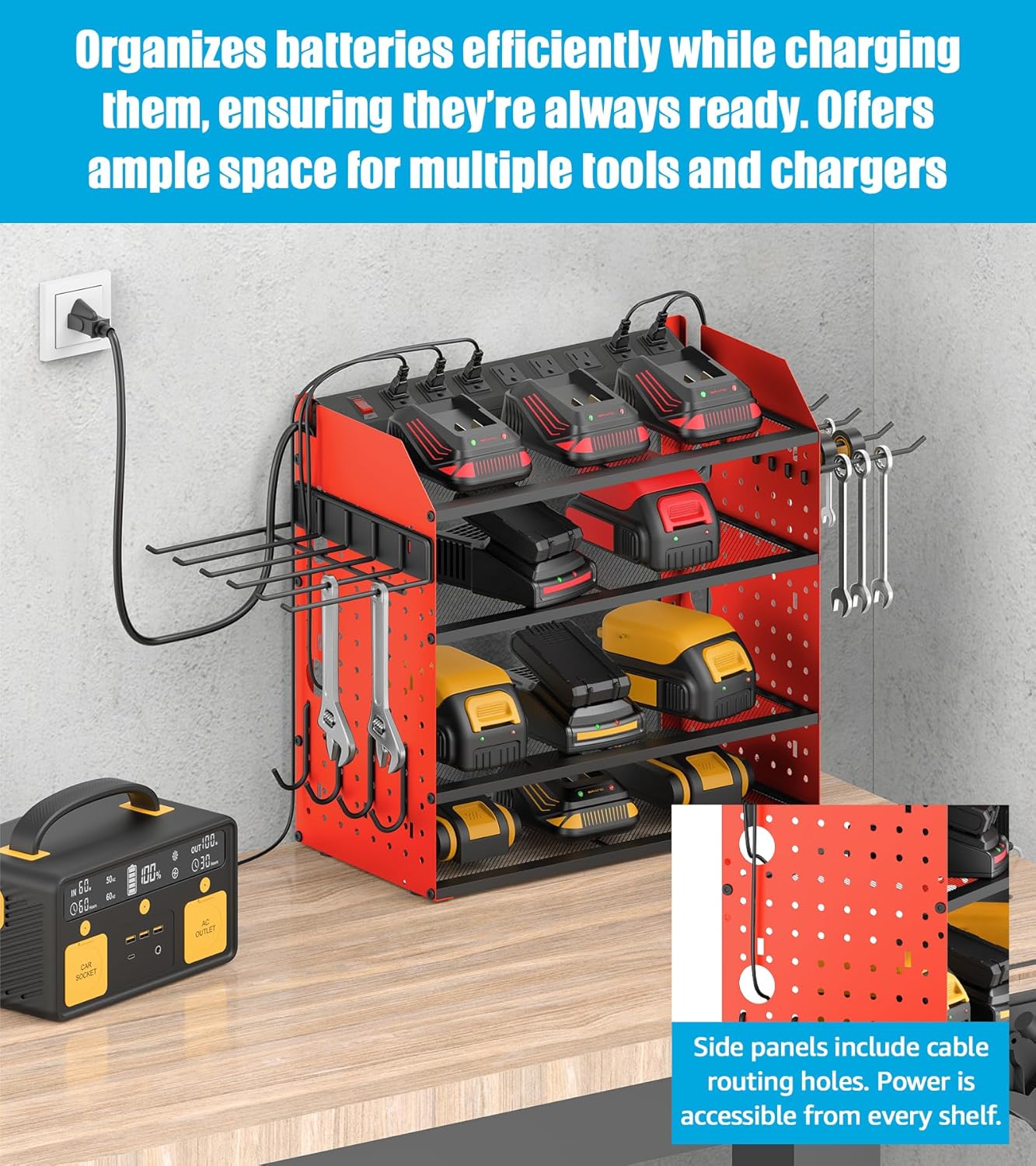 CCCEI Modular Desk Power Tools Organizer with Charging Station, 4 Layer Drills Battery Storage Wall Mount, Garage Shop Organization, Anniversary, Birthday, Gifts for Men, Father, Red, 6FT Cord.