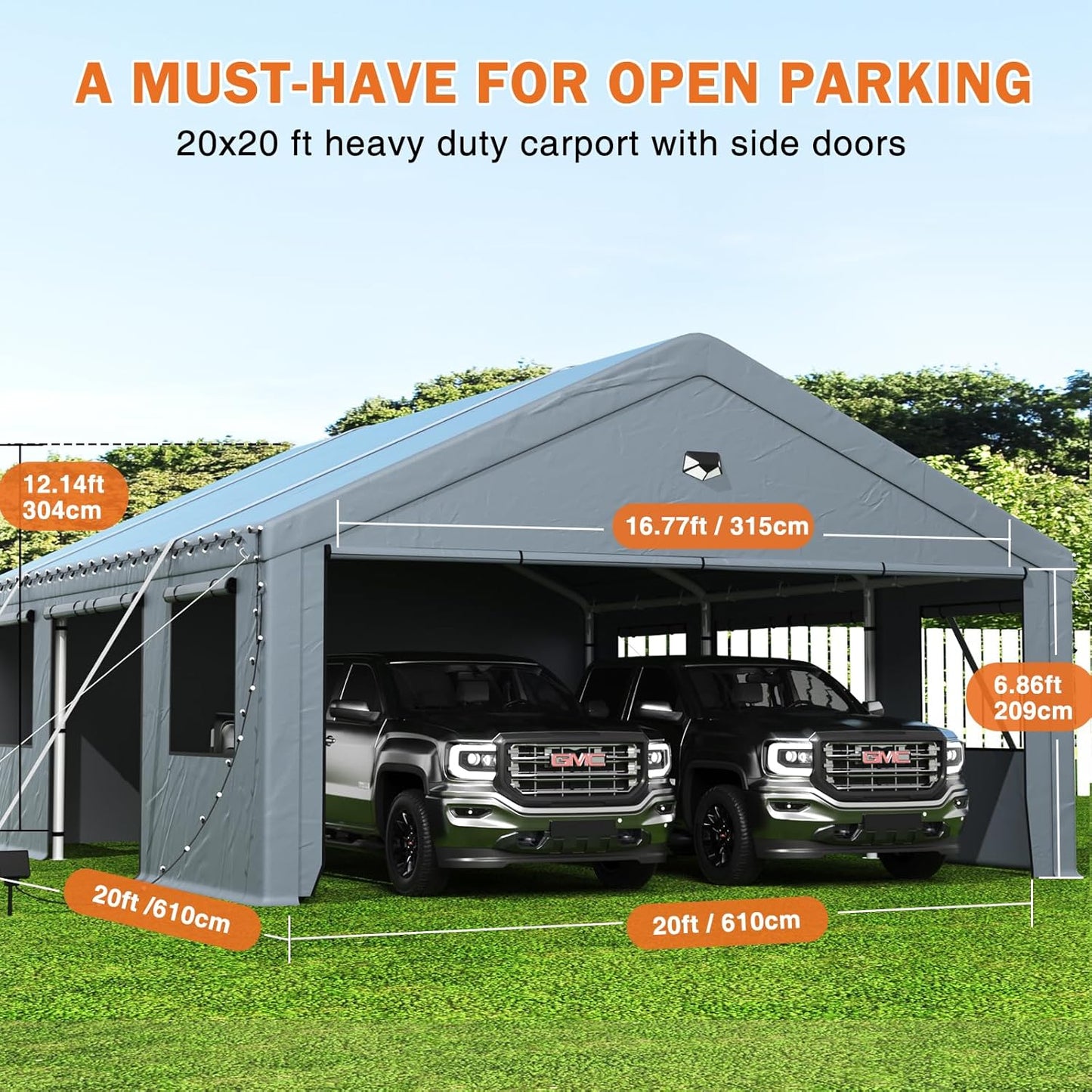 Carports 20X20 Heavy Duty，2 Car Carport with Side Doors，Extra Large Outdoor Carport Canopy，Portable Car Port Garage All Weather，Gray