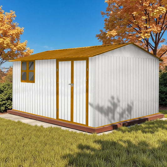 12 x 10 FT Outdoor Storage Shed, Metal Garden Tool Shed with Slooping Roof, Lockable Doors and Aluminum Frames, Easy to Assemble for Garden, Patio, Lawn, White+Yellow