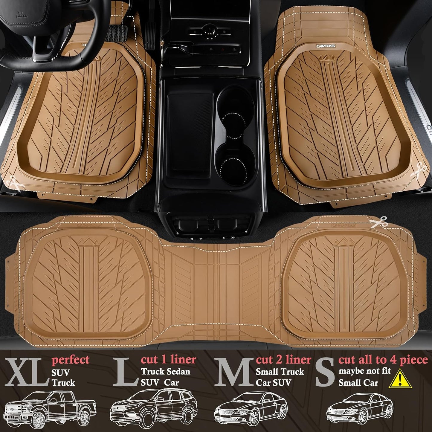 CAR PASS Tire Tread DeepDish Rubber Floor Mats for car Heavy Duty car mats All Weather, Universal XL~M Trim to Fit for Truck SUV Vehicle Automotive, Waterproof car mats 3 Piece Solid Beige