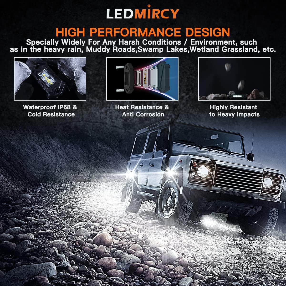 White Rock Lights,LEDMIRCY R3 Pure White LED Rock Lights Kit 16PCS with Switch Wire Harness for Trucks Off Road ATV UTV SUV RZR High Power Under Body Light Waterproof Shockproof Trail Rig Light