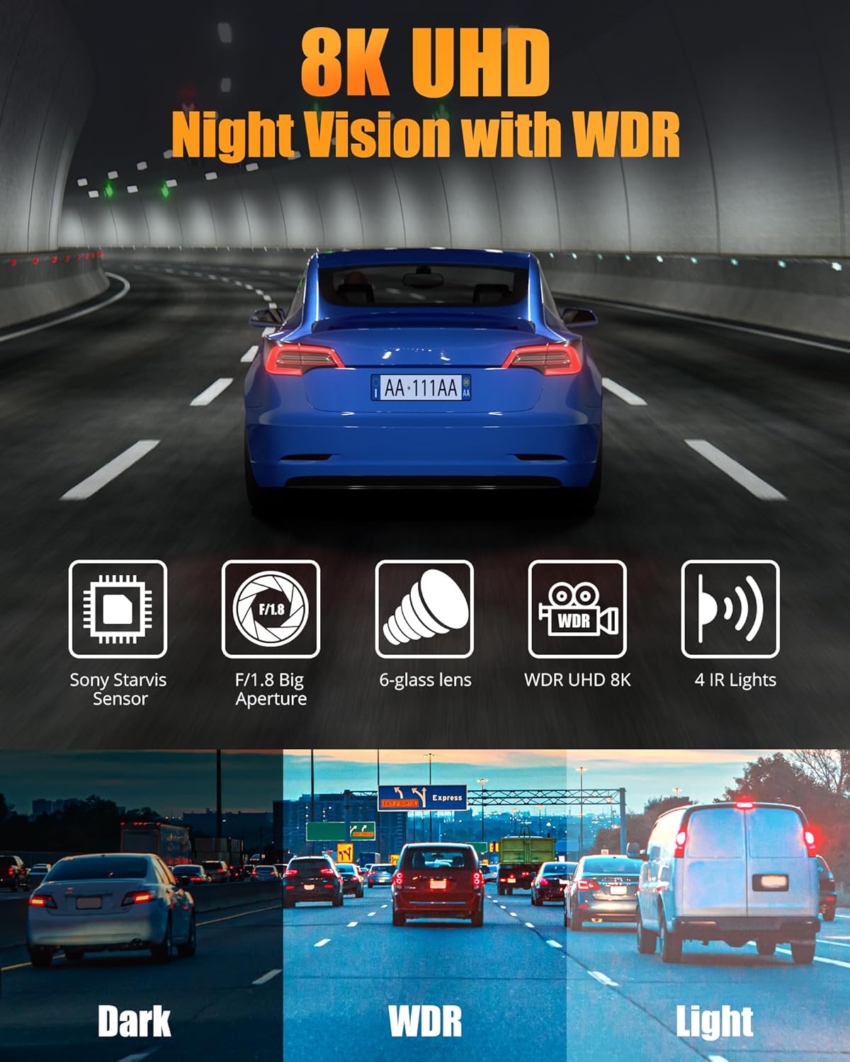 Dash Cam Front and Rear, 8K/2.5K UHD Dash Camera for Cars, Dash cam with 32GB Card, Built-in Wi-Fi & GPS, 3.16”IPS Screen, Night Vision, 170°Wide Angle, WDR, 24H Parking Mode