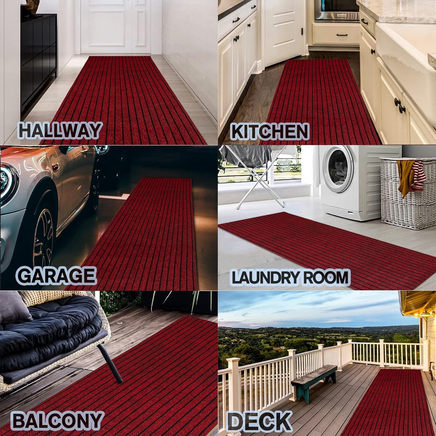 Custom Size Backed Non-Slip Area Rugs Runner, Easy Clean, Waterproof Runner Rugs for Hallway Entryway, Kitchen, Laundry, 2FT x 28FT, Red Stripe