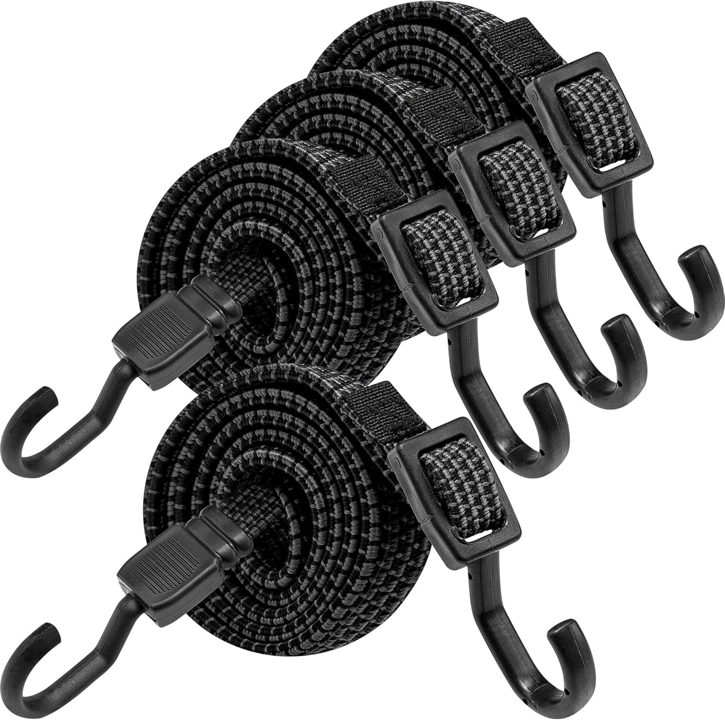 Bungee Cords with Hooks Heavy Duty, Flat Adjustable Bungee Cords with Hooks 60 Inch, Rubber Black Bungee Straps with Buckle Hooks for Outdoor, Camping, Tarps, Bike Rack, Tent, Truck, 4 Pack