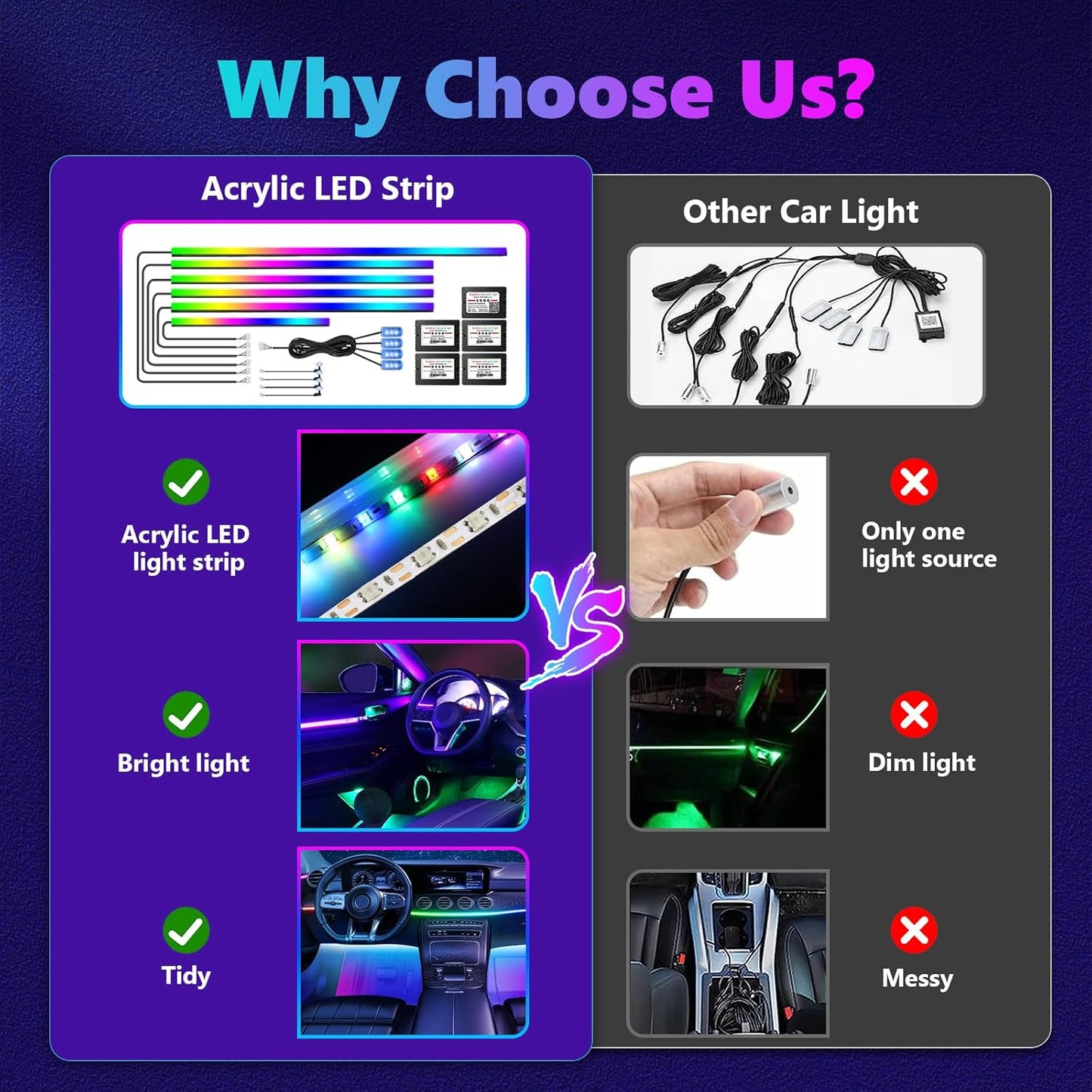 Dreamcolor Acrylic Interior Car Lights, AMKI Car LED Strip Light with APP Control, Car Accessories Car Ambient Neon Light Kit with RGB 14 in 1 and 175 inches 593 LEDs, 16 Million Color Sound Activated