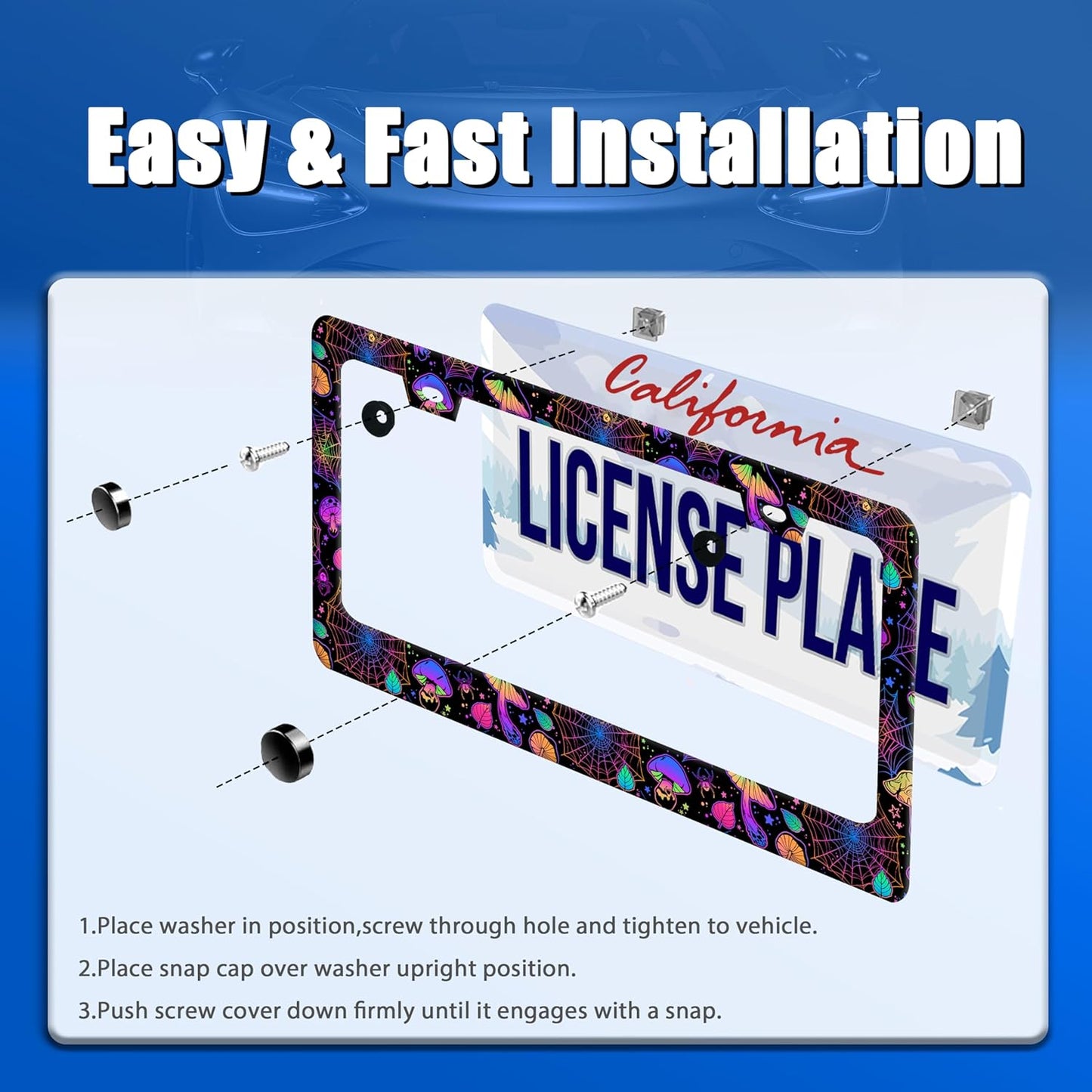 Hippie Mushroom License Plate Frame Mushrooms License Plate Stainless Steel Funny License Plate Holder Colorful Car Accessory with Screws Car Decoration 12.3" x 6.3" for Men Women