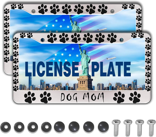 Fun License Plate Frame Cover Black and White License Plate Frames Dog Mom Dog Lover Aluminum Metal Car Accessory 2 Pack with Screw Covers Set
