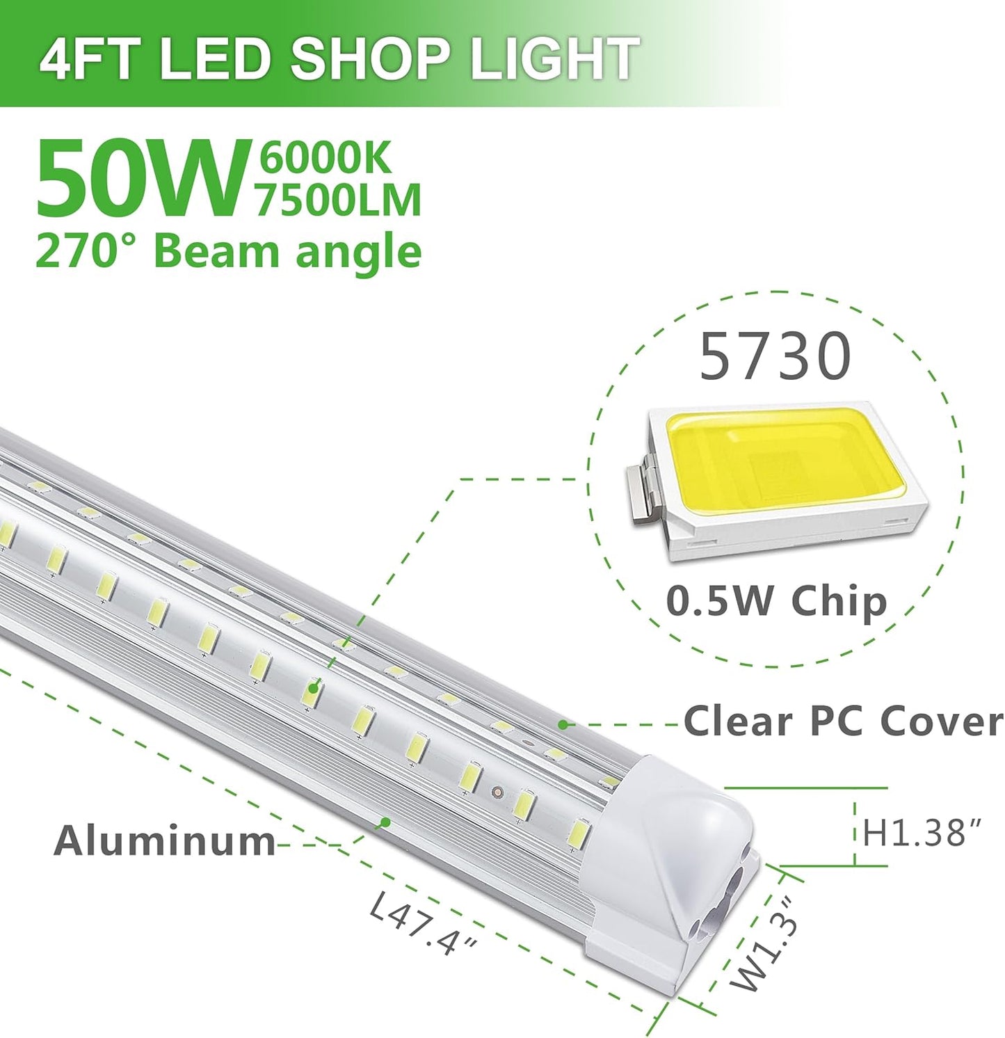 4Pack 4FT LED Shop Light Garage Lights,50W 6000K 7500LM White Light,Hanging/Surface Mount,Plug and Play,Linkable T8 LED Shop Lights,Commercial Bay Lighting for Warehouse Workshop Basement