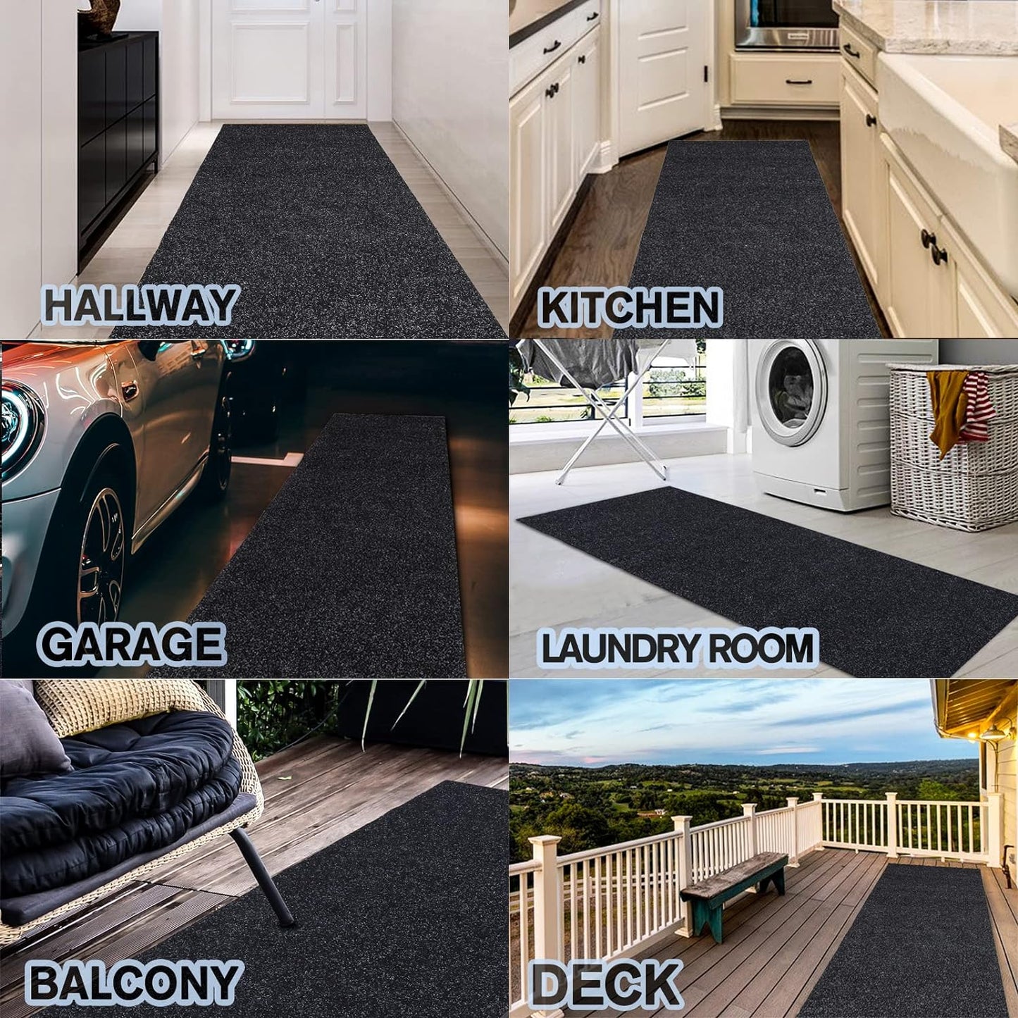 Custom Size Backed Non-Slip Area Rugs Runner, Easy Clean, Waterproof Runner Rugs for Hallway Entryway, Kitchen, Laundry, 2FT x 46FT, Black