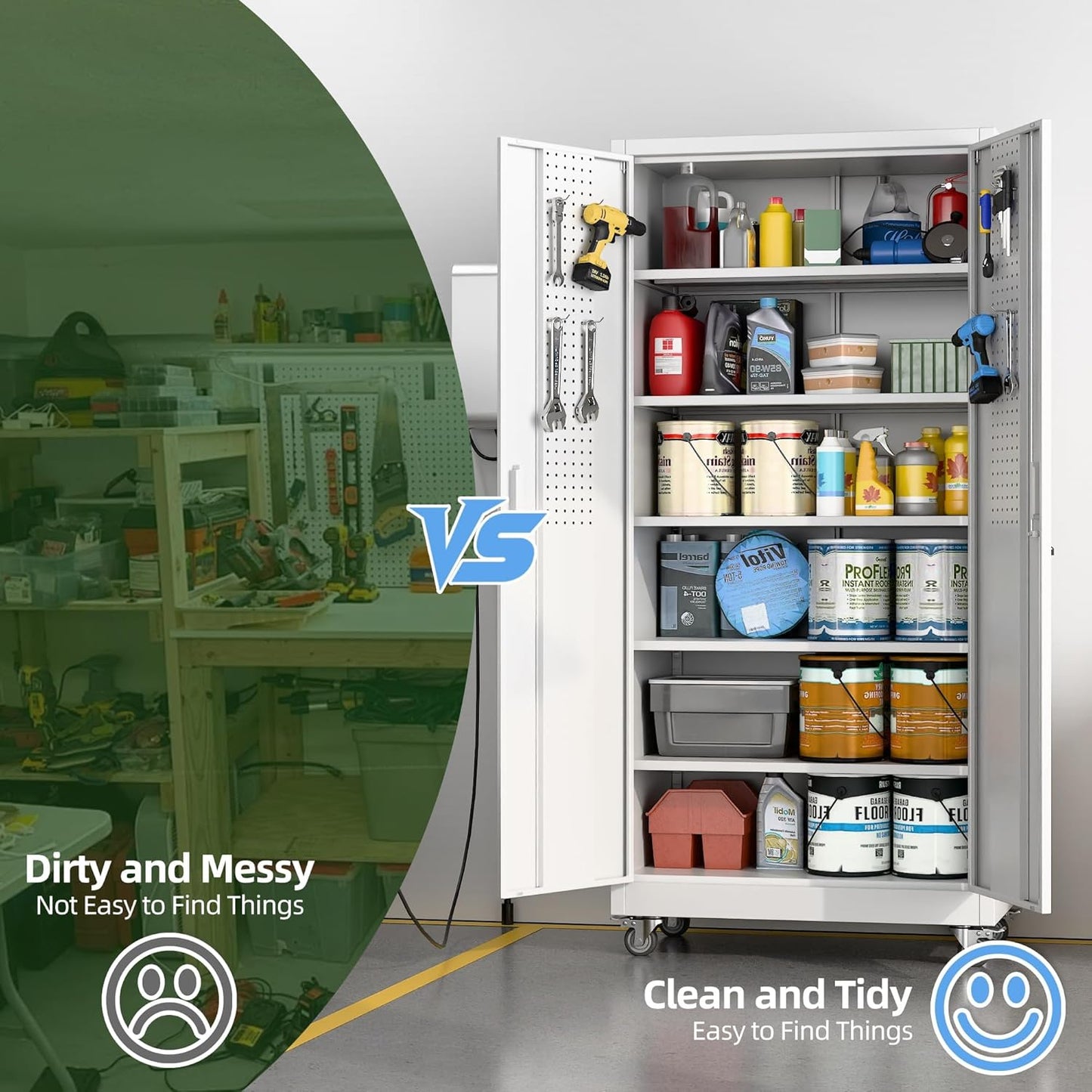 Garage Storage Cabinet with Pegboard and 5 Adjustable Shelves, 71'' x 32'' x 16''Metal Lockable Cabinet with Magnetic Doors,Tool Storage,Home Office Garage,Gym,School(White)