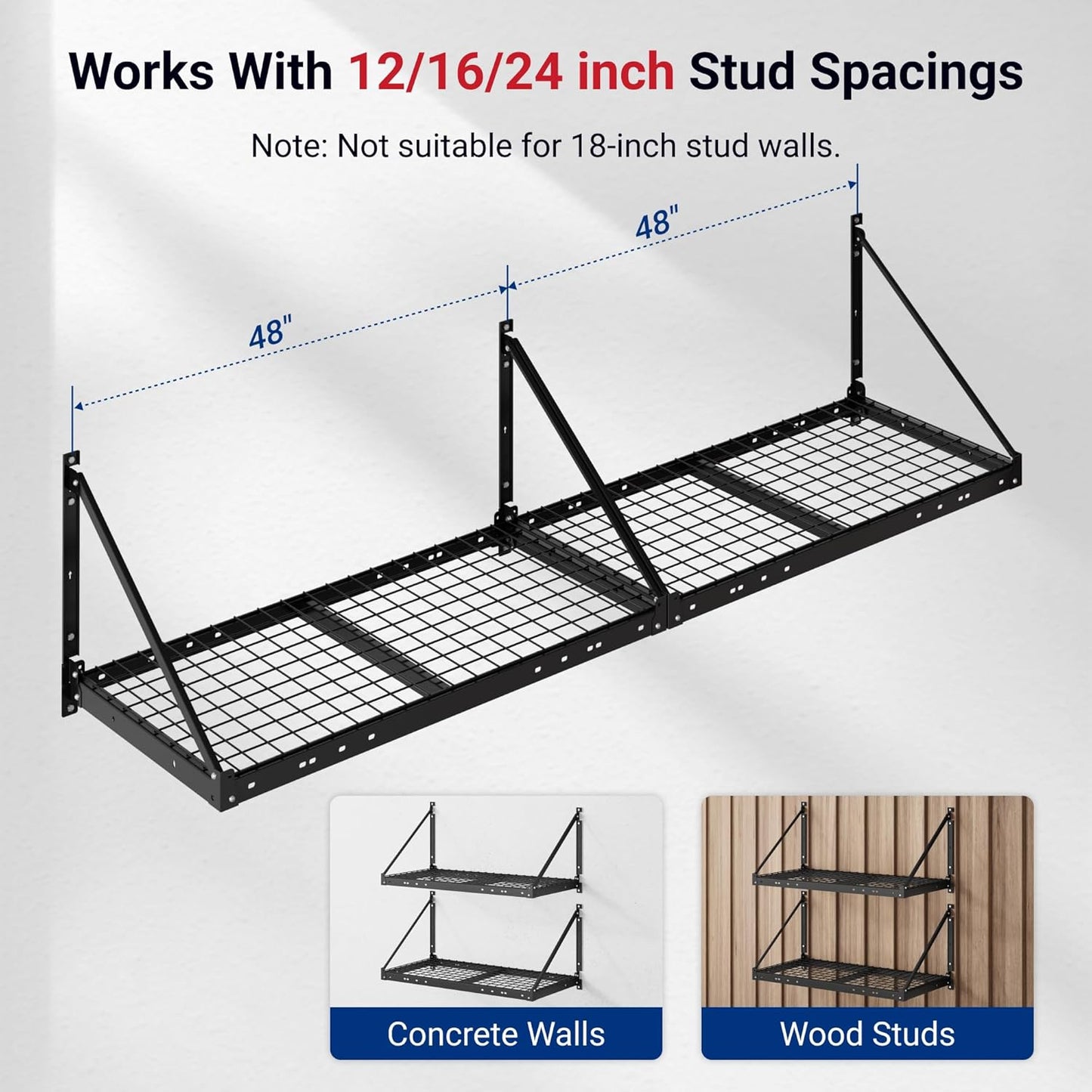 FLEXIMOUNTS 4-Pack 2x4ft Garage Wall Shelving - Heavy Duty Garage Storage System, 880 lbs Load Capacity with Brace Guardrail, Organization for Tools, Heavy Bins, Sports Equipment, Utility Room