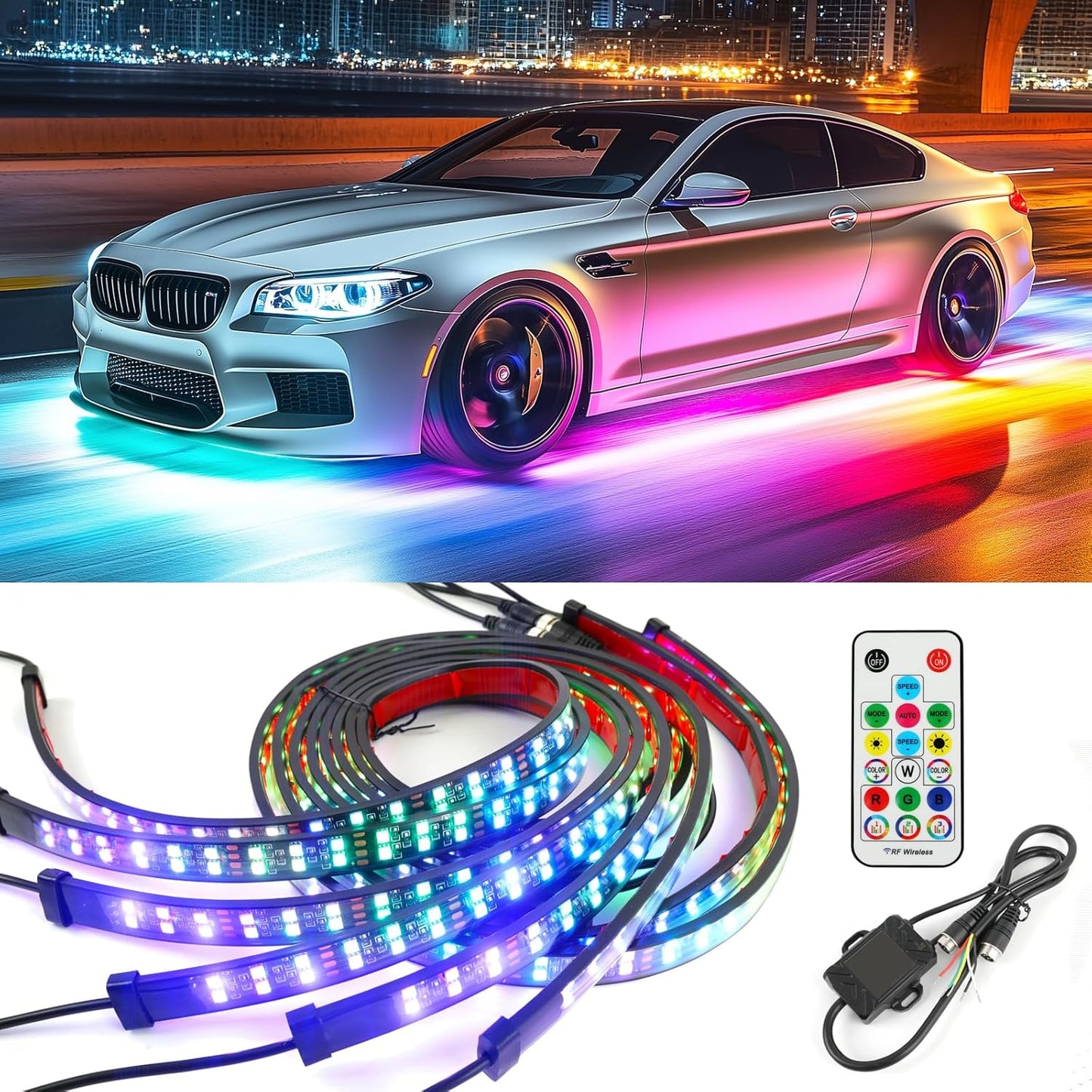 JMTBNO Car Underglow Neon Accent Strip Lights,6pcs Double Row Underglow Exterior Car Lights with APP Control Underbody Compatible with Chevy Silverado 1500 Ford F-150 F-250 F-350