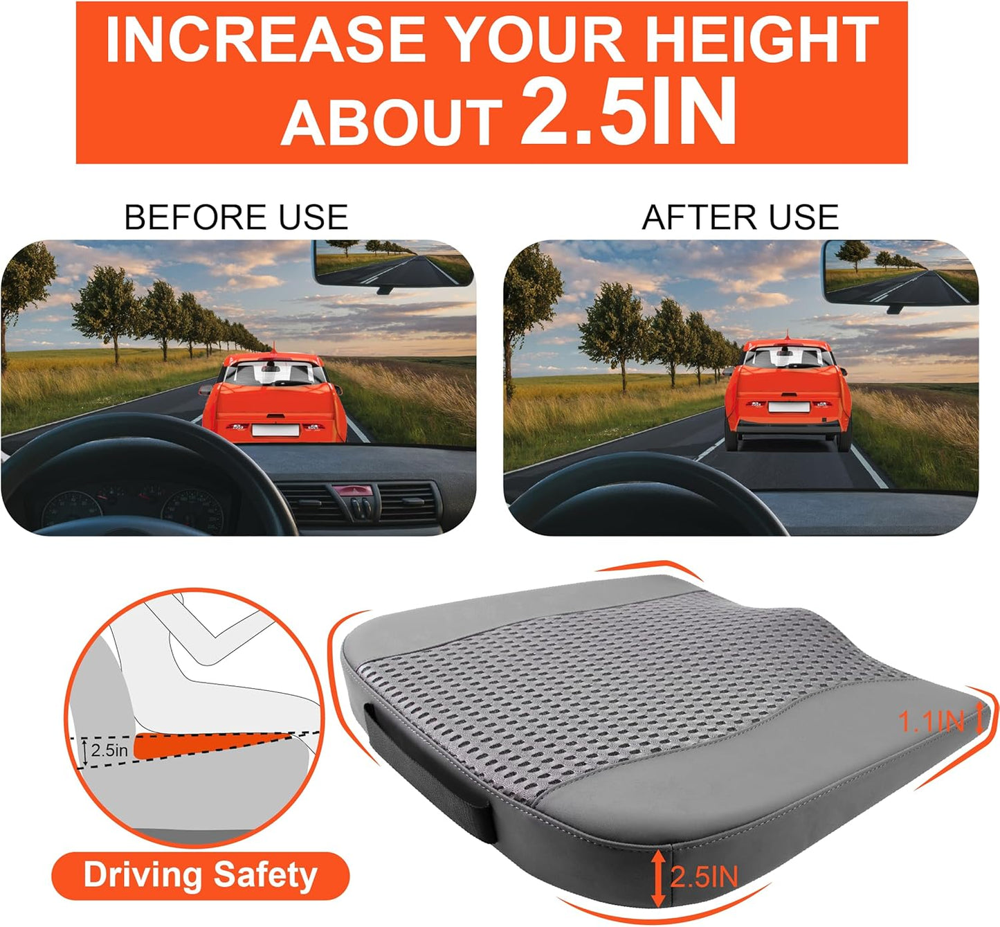 Car Seat Cushion, Comfort Memory Foam Car Cushions for Driving - Sciatica & Lower Back Pain Relief, Driver Seat Pillow for Auto, Office Chair, Wheelchair - 4D Mesh Dark Grey