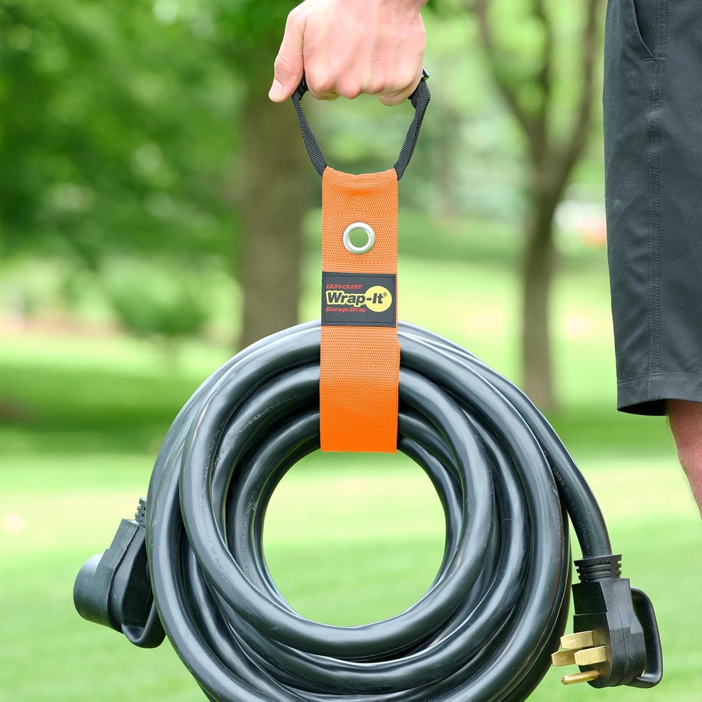 Easy-Carry Wrap-It Storage Straps - 22” (2-Pack) Blaze Orange with Grommet - Extension Cord Storage Holders and Carrying Straps for Garden Hose Storage