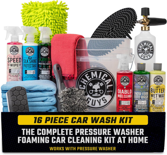 Chemical Guys HOL169 16-Piece Arsenal Builder Car Wash Kit with Foam Cannon, Bucket and (6) 16 Oz Car Care Cleaning Chemicals, Gift for Car & Truck Lovers, Dads and DIYers (Works W/Pressure Washers)