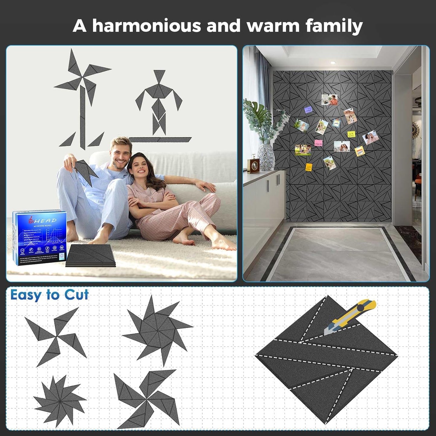 12 Pack Large Self-Adhesive Soundproof Wall Panels, 15.7 x 15.7 x 0.47 in Sound Proof Foam Panels for Walls, 1.2lb/ft³ High Density,Large Size Acoustic Panels, Sound Dampening Panels Black