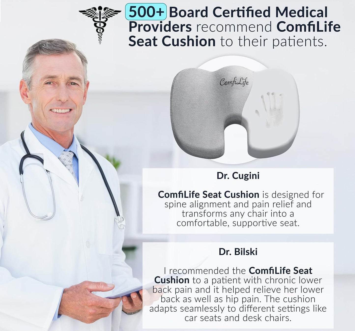 ComfiLife Premium Comfort Seat Cushion - Non-Slip Orthopedic 100% Memory Foam Coccyx Cushion for Tailbone Pain - Cushion for Office Chair Car Seat - Back Pain & Sciatica Relief (Gray)