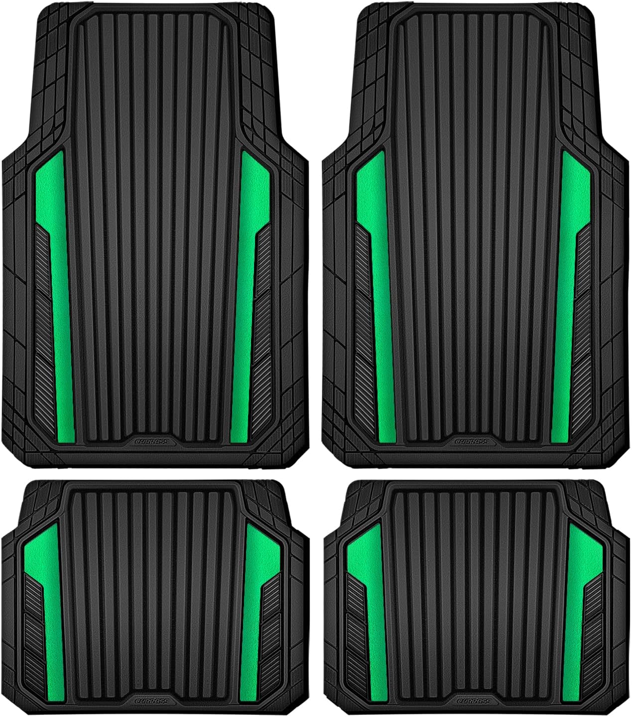 CAR PASS Heavy Duty Rubber Car Mats Metallic,Aluminum Film All Weather Floor Mats Waterproof Universal Trim to Fit SUVs Sedans Vans 4 Piece Anodized Deep Dish Two-Tone Sporty Black Green Chrome