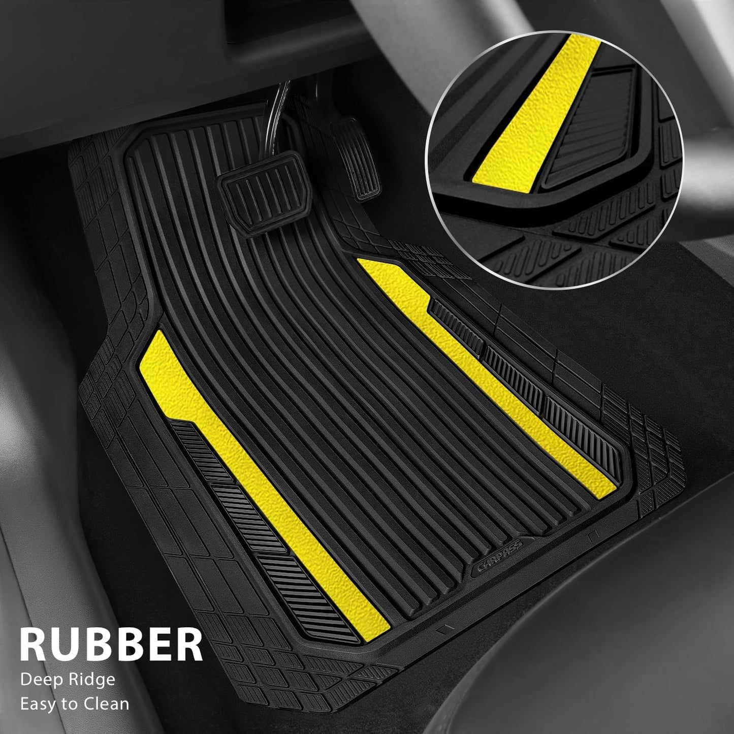 CAR PASS Yellow Car Mats Metallic, Aluminum Film All Weather Rubber Lemon Yellow car Floor Mats Waterproof Universal Trim to Fit SUV Sedan Van Truck 4 Piece Deep Dish Heavy Sporty Black Yellow Chrome