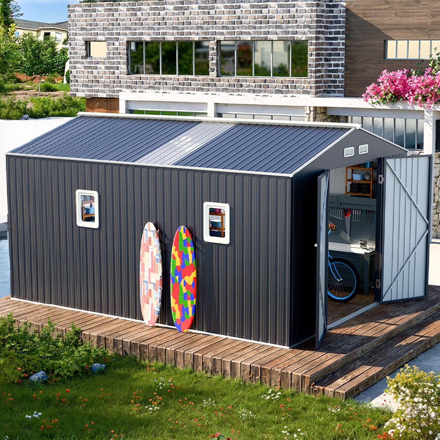 10x12 FT Metal Outdoor Shed with Floor Frame Kit Extra Large Waterproof Tools Storage House with Transparent Top Panel Windows Air Vent for Garden Backyard to Store Bikes,Lawnmower,Dark Grey