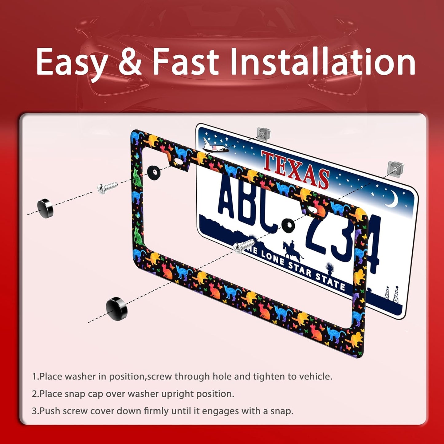 Colorful Cat License Plate Frame Cute Pet Butterfly License Plate Holder Funny Stainless Steel Accessories Cars Decor with 2 Holes and Screws Fits Standard Us Ca Vehicles 12.2 X 6 Inch