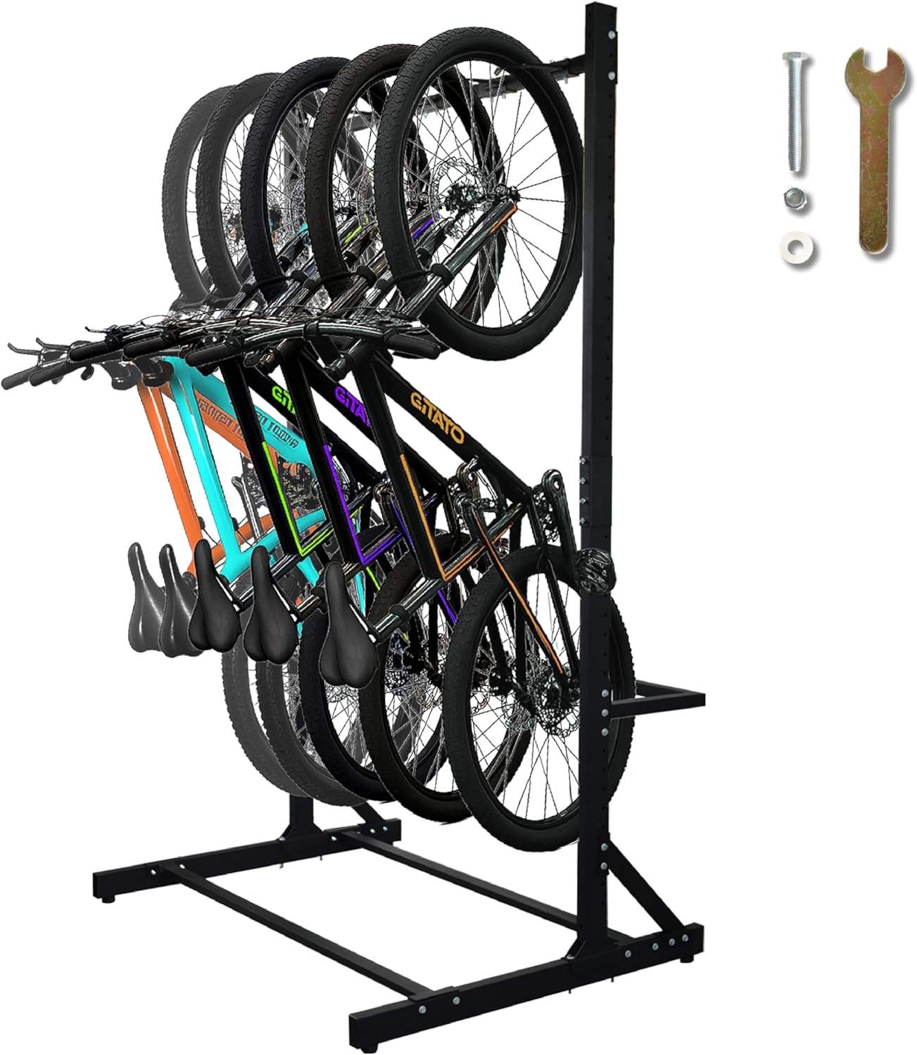 Freestanding 5 Bike Storage Rack for Garage, Hold Multiple Bicycles, Mountain Bikes, Road Bikes, Kids’ Bicycles and E-Bikes