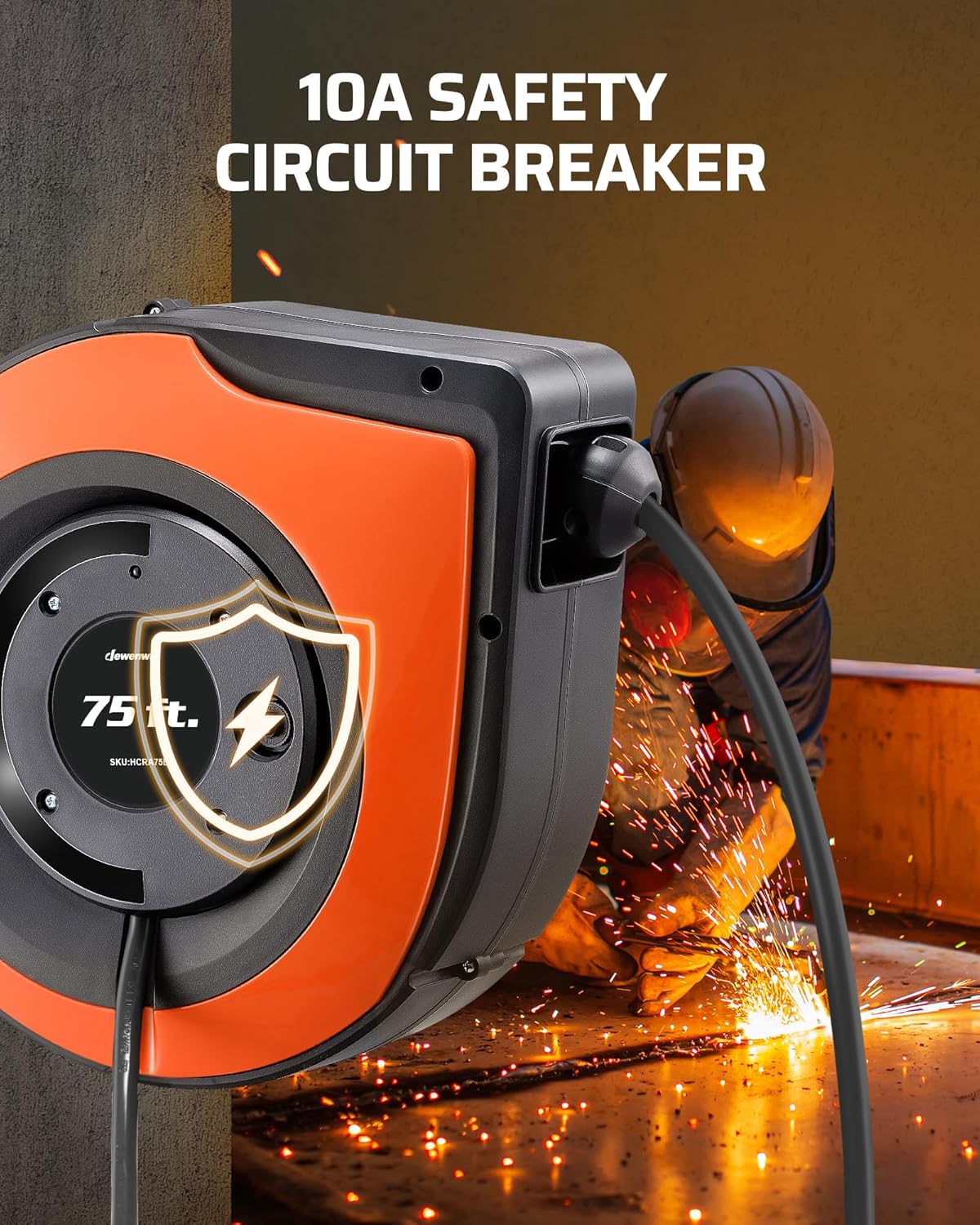 DEWENWILS Retractable Extension Cord Reel, 75 FT Heavy Duty Power Cord, 14/3C SJTOW, Lighted Triple Tap Outlets, 10A Circuit Breaker, Wall/Ceiling Mounted for Garage, Workshop, UL Listed