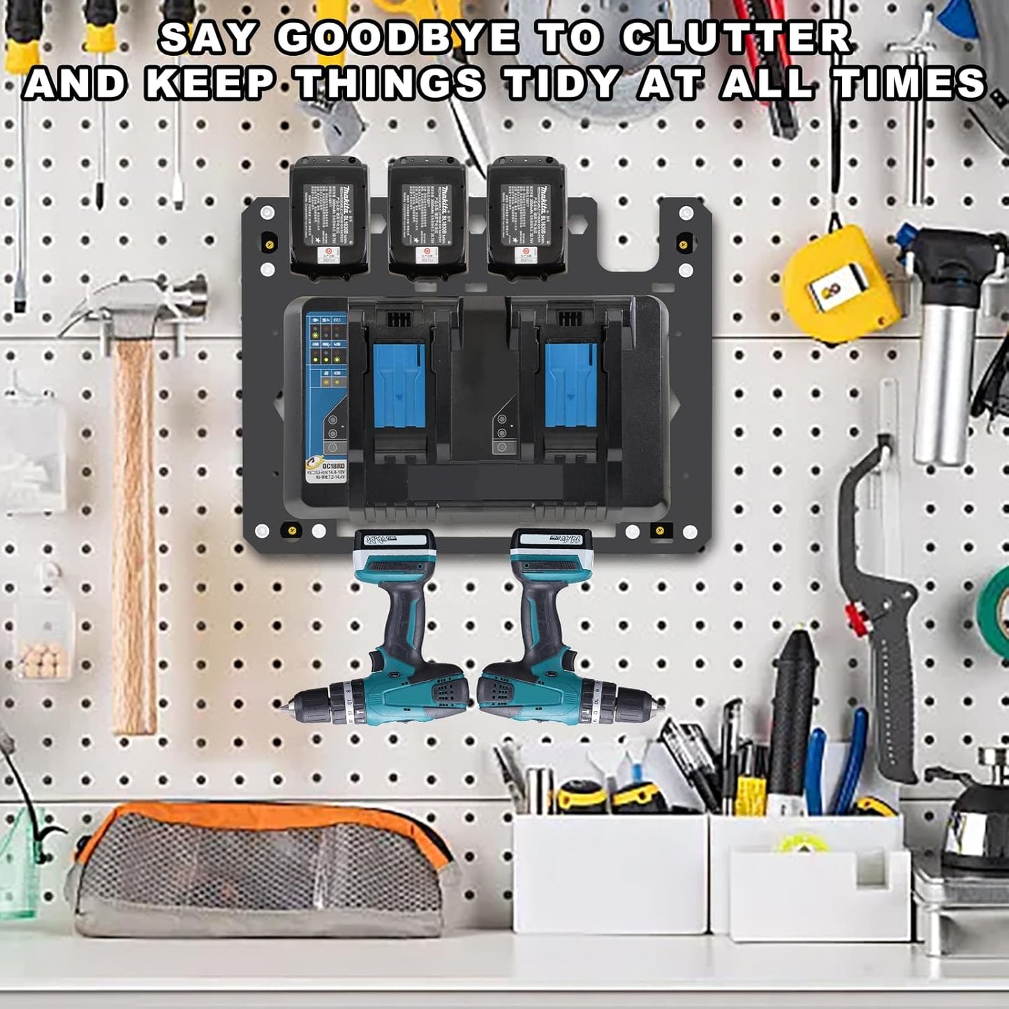 FETESNICE Metal Charger Mount for Makita Battery Holder and DC18RC DC18RD Charger,Stable for Makita Wall Mount Charger,1-4-Slot Battery Storage Rack for Makita,Order in Workspace and Garage