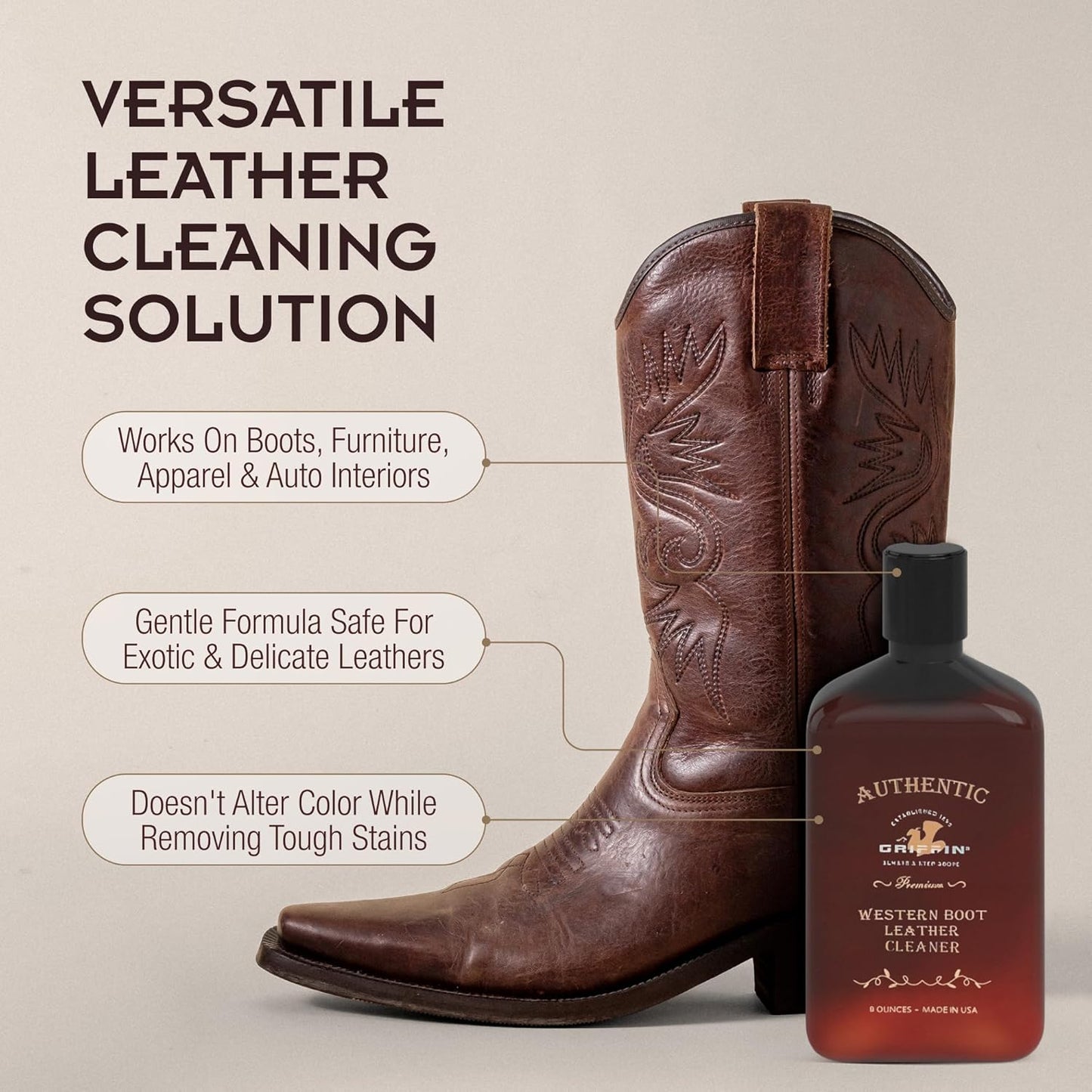 Griffin Boot Care Leather Cleaner – 8 oz – Gently Cleans Footwear, Apparel & Interiors – Non-Toxic, Non-Darkening, Made in USA – Leather Cleaner for Cowboy Boots, Furniture, Cars & More
