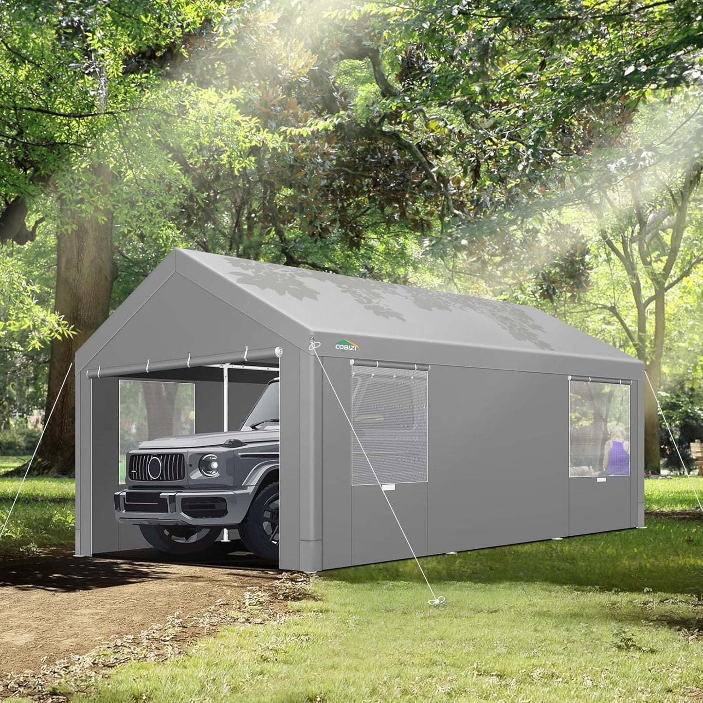 COBIZI Carport 10x20ft Heavy Duty Portable Garage, 2.0 Powder Coated Frame(Better Than Galvanized), Waterproof Shelter with Removable Sidewalls & Windows, Built-in Sandbags, for Car/Boat/SUV, Gray