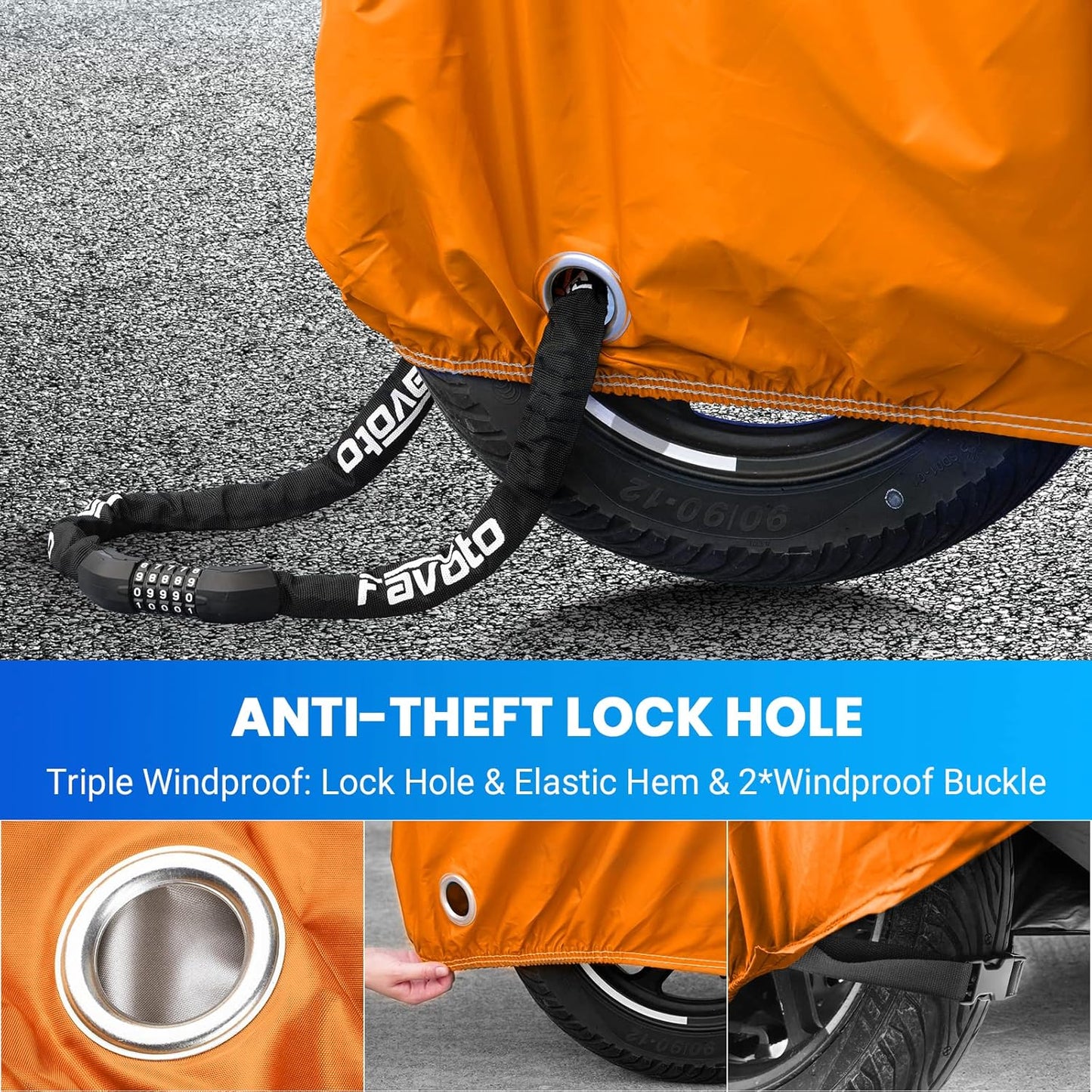 Favoto Motorcycle Cover Universal Heavy Duty Oxford Fabric with Lock-Hole 3 Night Reflectors Windproof Buckles Carrying Bag Waterproof Rain Dust Sun Outdoor Protection, Black-Orange, 104 inch