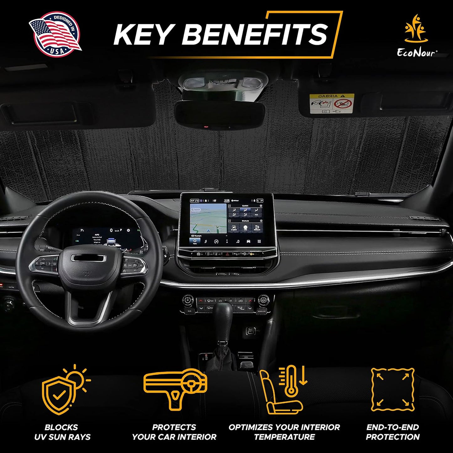 EcoNour Accordion Car Windshield Sun Shade for Trucks | Car Window Shades for Large SUVs & Pickups | UV Blocker Sun Visor for Interior Protection & Heat Control | XL (66 x 27 Inches)