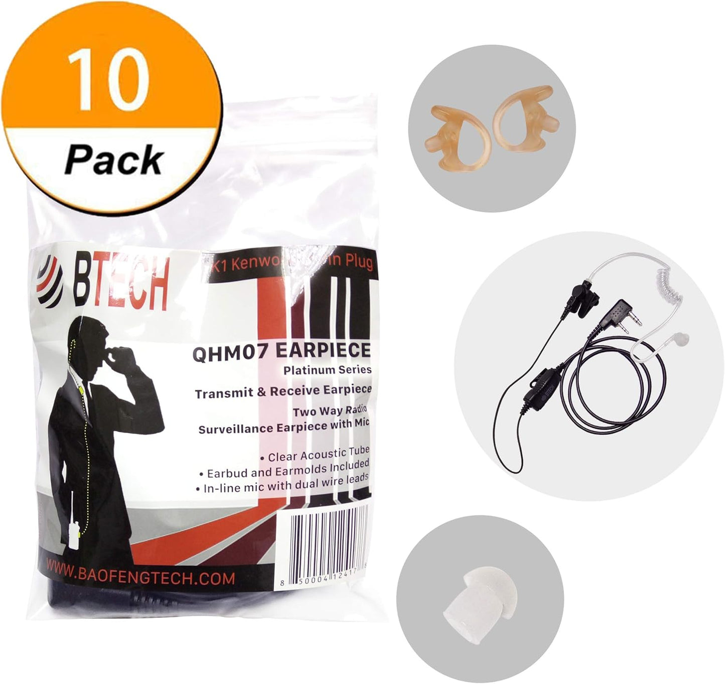 BTECH QHM07 Platinum Series Noise-Cancelling Earpiece with In-line PTT & Microphone for K1 Radios like BaoFeng, Kenwood Radios (Includes Earmolds and Earbud, 10 Pack)
