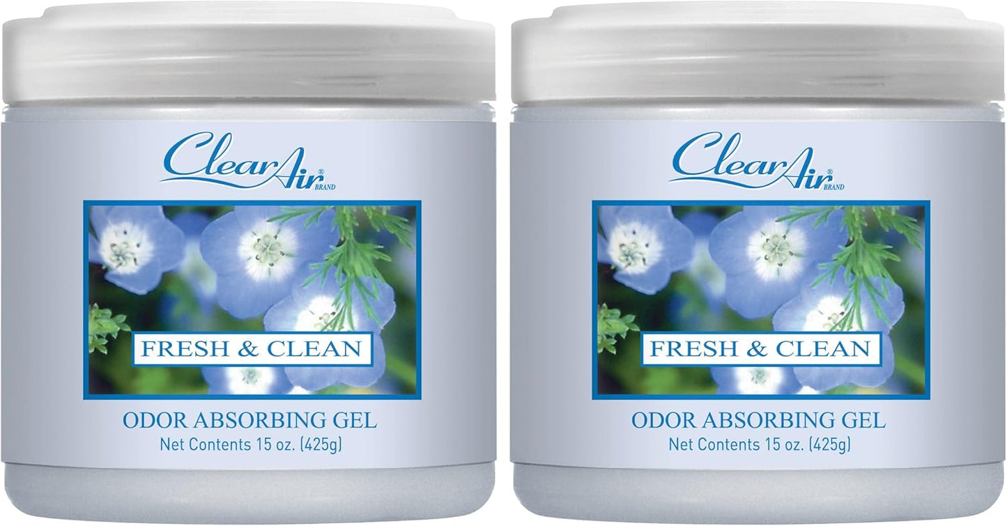 Clear Air Odor Absorber Gel - 15 oz, Pack of 2 - Air Freshener Absorbs and Eliminates Odors in Bathrooms, Cars, Boats, RVs and Pet Areas - Made with Essential Oils - Fresh & Clean Scent