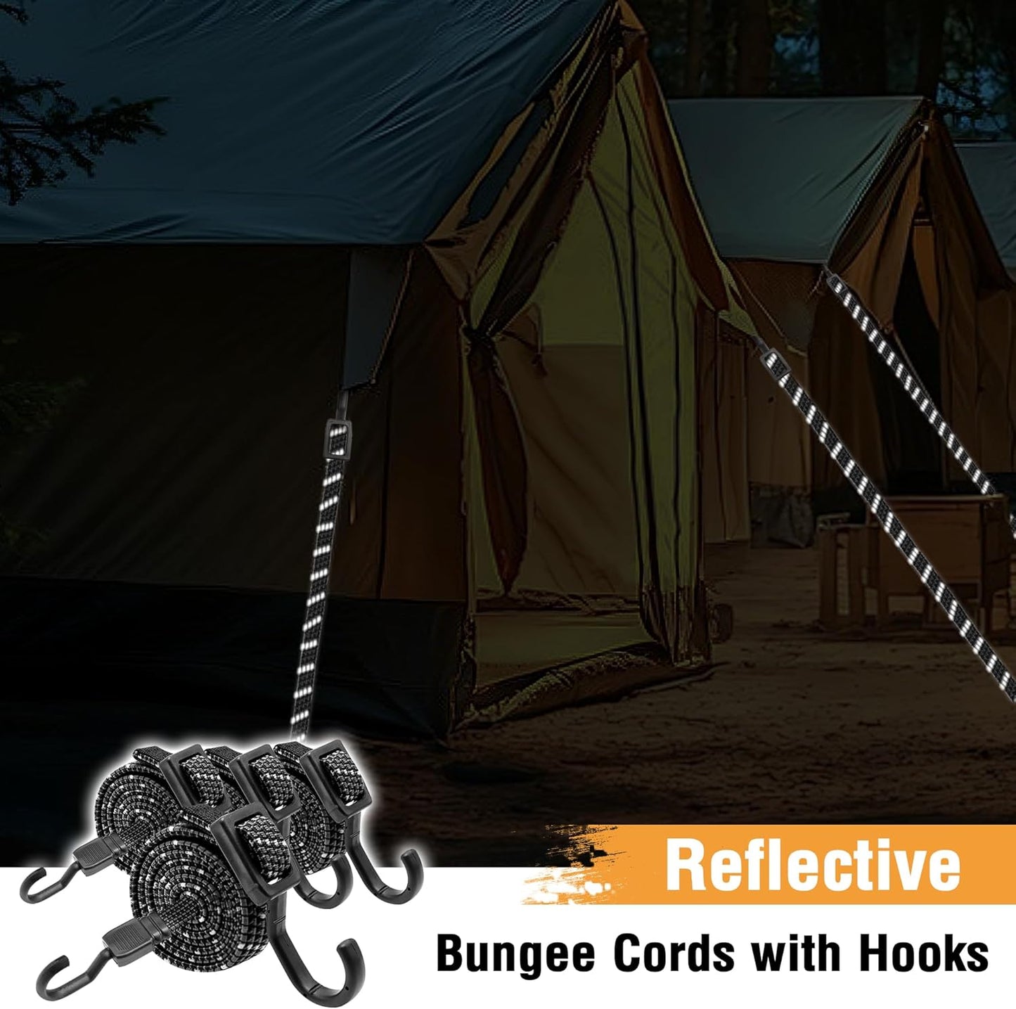 Bungee Cords with Hooks Heavy Duty, Flat Adjustable Bungee Cords with Hooks 40 Inch, Reflective Rubber Black Bungee Straps with Buckle Hooks for Outdoor, Camping, Tarps, Bike Racks, Tents, Black