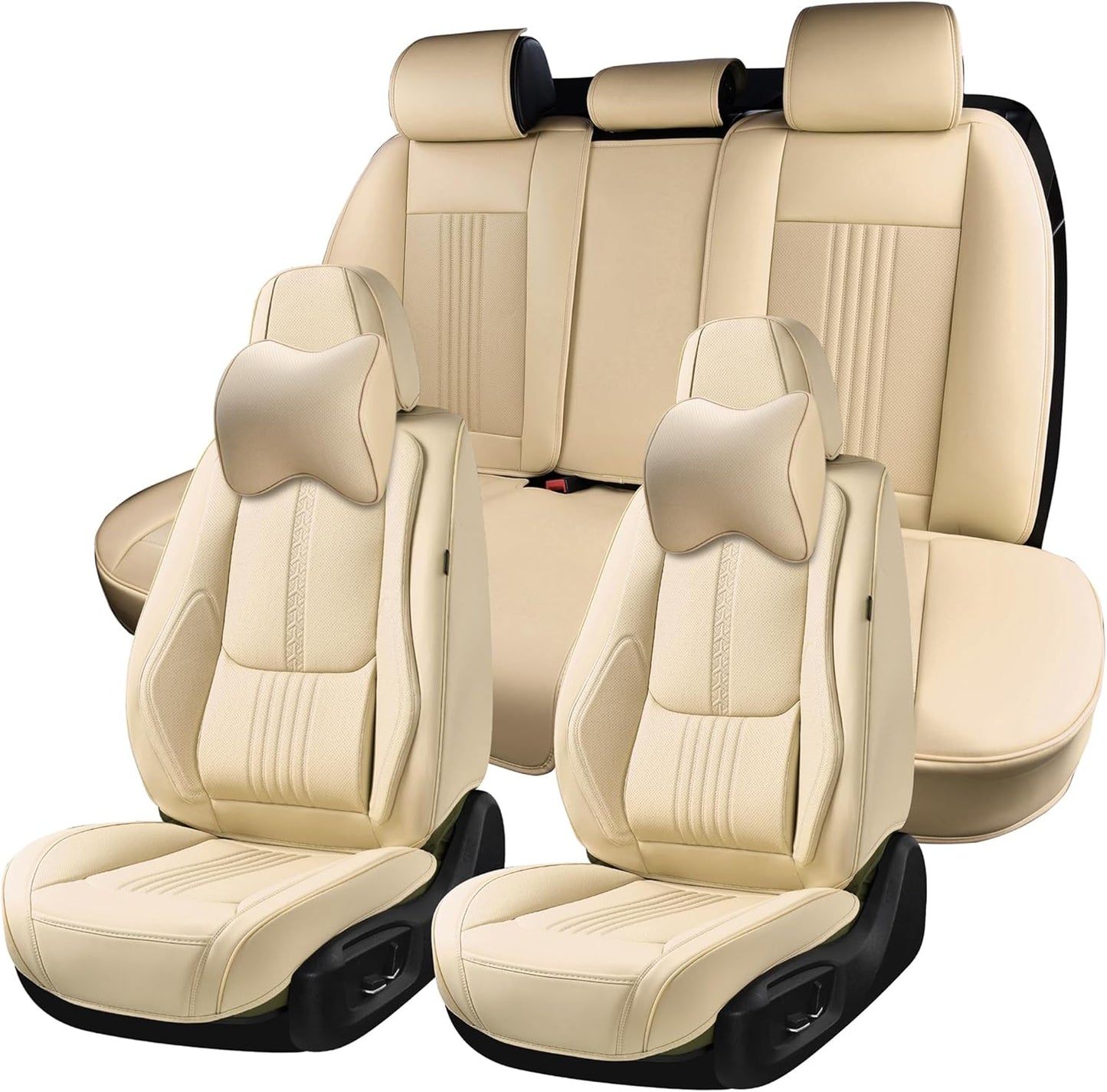 Car Seat Covers Full Set, Front and Rear Seat Covers for Cars, Waterproof Leather Auto Seat Protectors with Head Pillow, Car Seat Cushions Fit for Most Sedans SUV Pick-up Truck, Beige