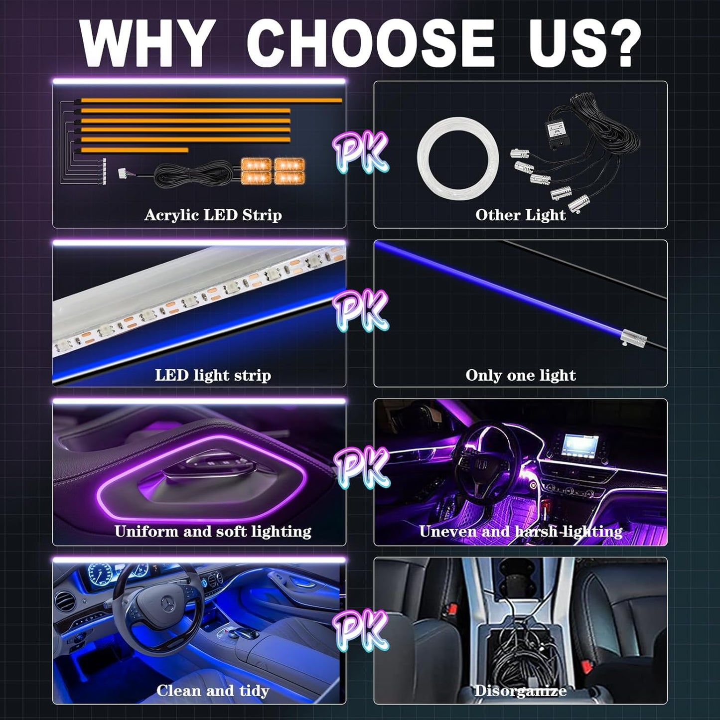 Acrylic Interior Car Lights, WEBUPAR Car Accessories 10 in 1 Car LED Strip Lights with APP Control, 175 inches 593 LEDs Fiber Optic Lights, RGB Neon Car Lighting